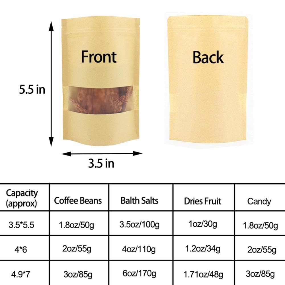 100 Pcs 3.5 x 5.5 Inch Kraft Paper Stand Up Bags with Resealable Zipper & Clear Window - Eco-Friendly Snack Packaging Bags for Candy, Nuts, Cookies, Party Favors & Retail Display