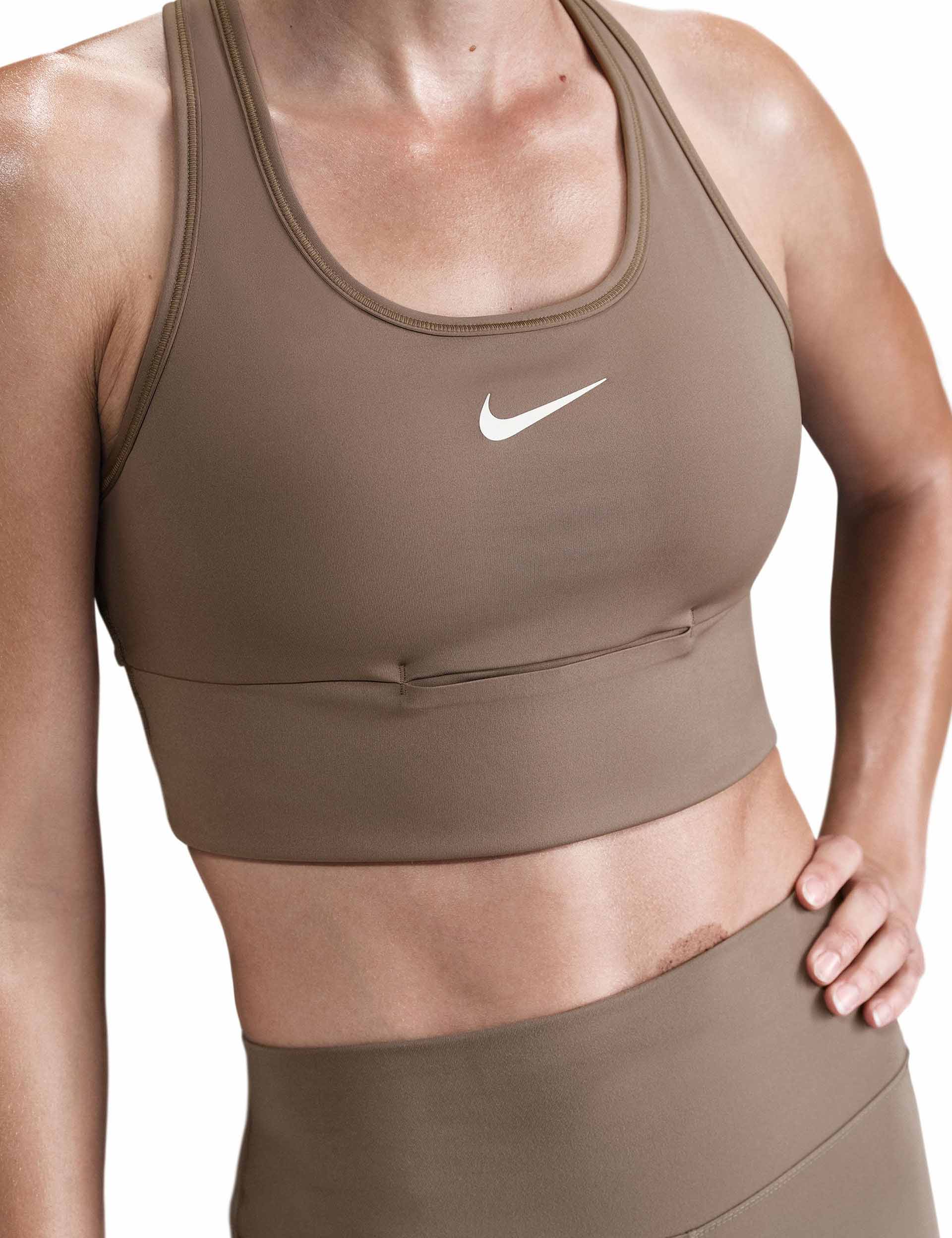 Swoosh Pocket Medium Support Sports Bra - Mink Brown/White - High Impact Workout, Running, Yoga & Gym Activewear for Women