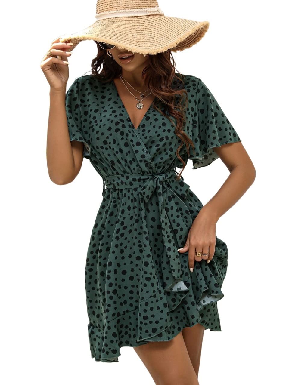 **IFAJOOR Women's Summer Dress - Allover Butterfly Print Wrap Dress with Ruffled Hem & Sleeves, Casual Flowy Maxi Dress (Dark Green, X-Large) | Perfect for Beach Vacations, Date Nights & Summer Outings**