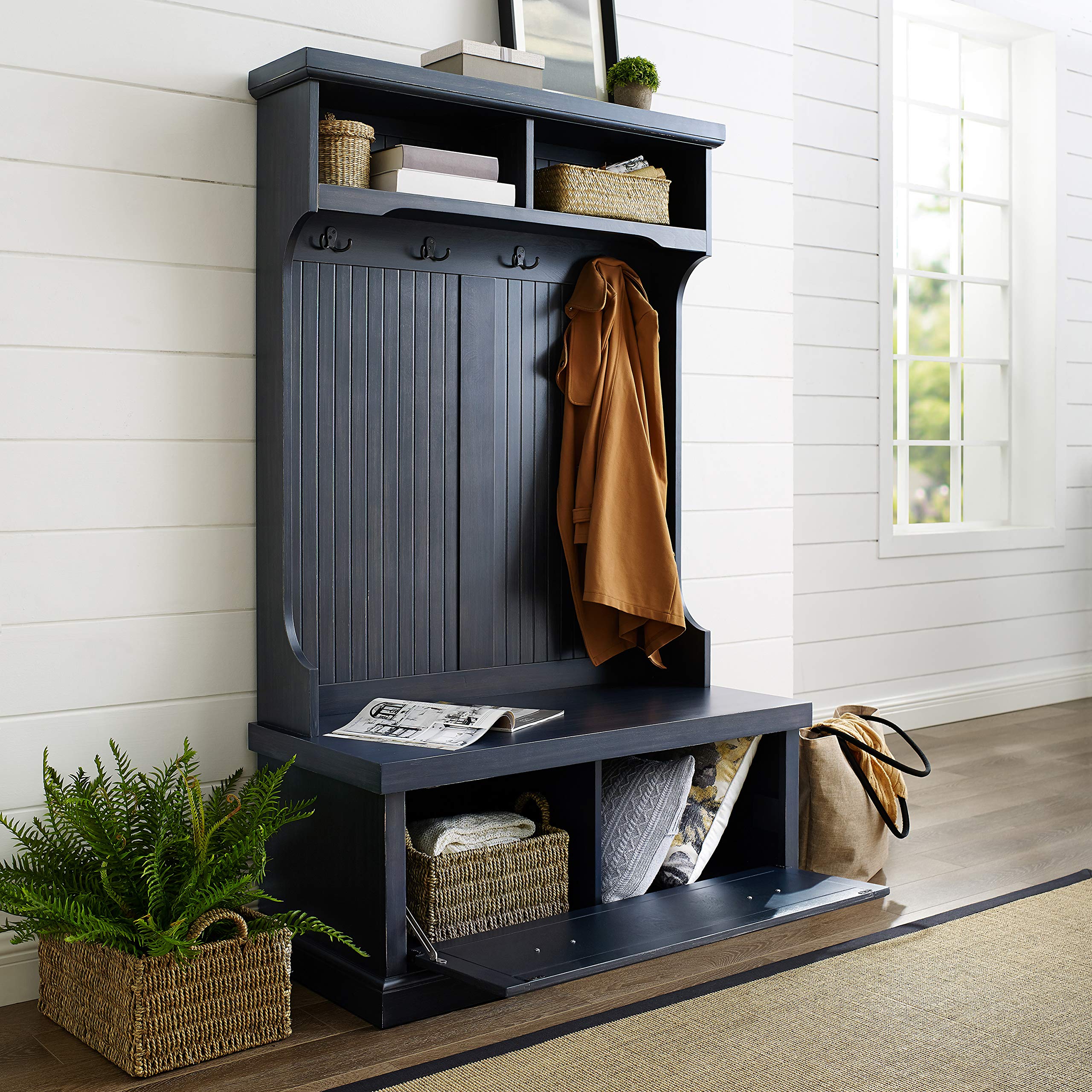 Crosley Furniture Seaside Hall Tree with Shoe Rack Bench & Coat Hooks - Entryway Storage Organizer with Distressed Navy Finish | Perfect for Small Spaces, Mudrooms, and Home Entry Organization