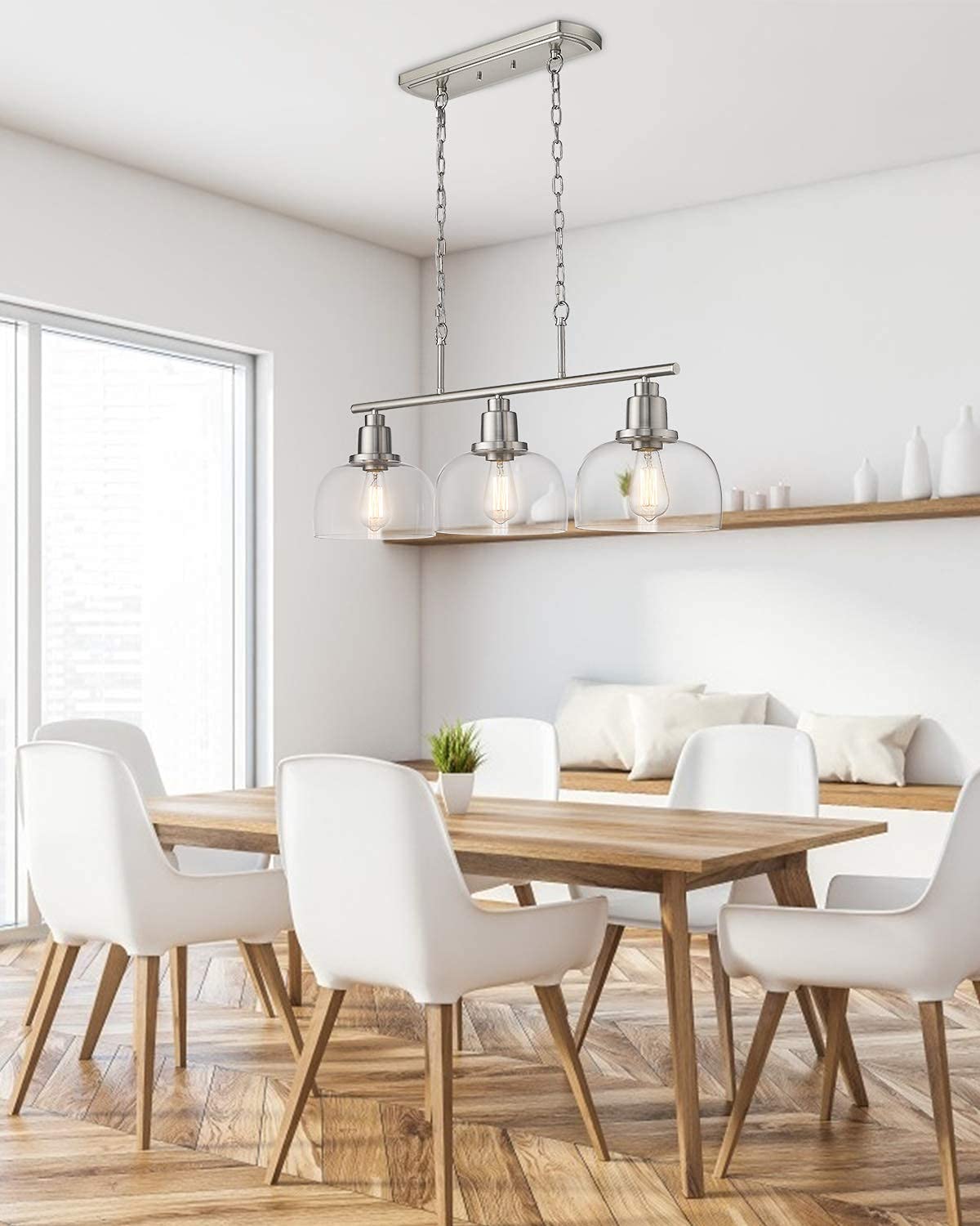 EAPUDUN 3-Light Linear Chandelier - Brushed Nickel Finish with Clear Glass Shade - Modern Farmhouse Lighting for Kitchen Island, Dining Room, Foyer, Hallway & Entryway - Perfect for Home, Restaurant and Cafe Decor