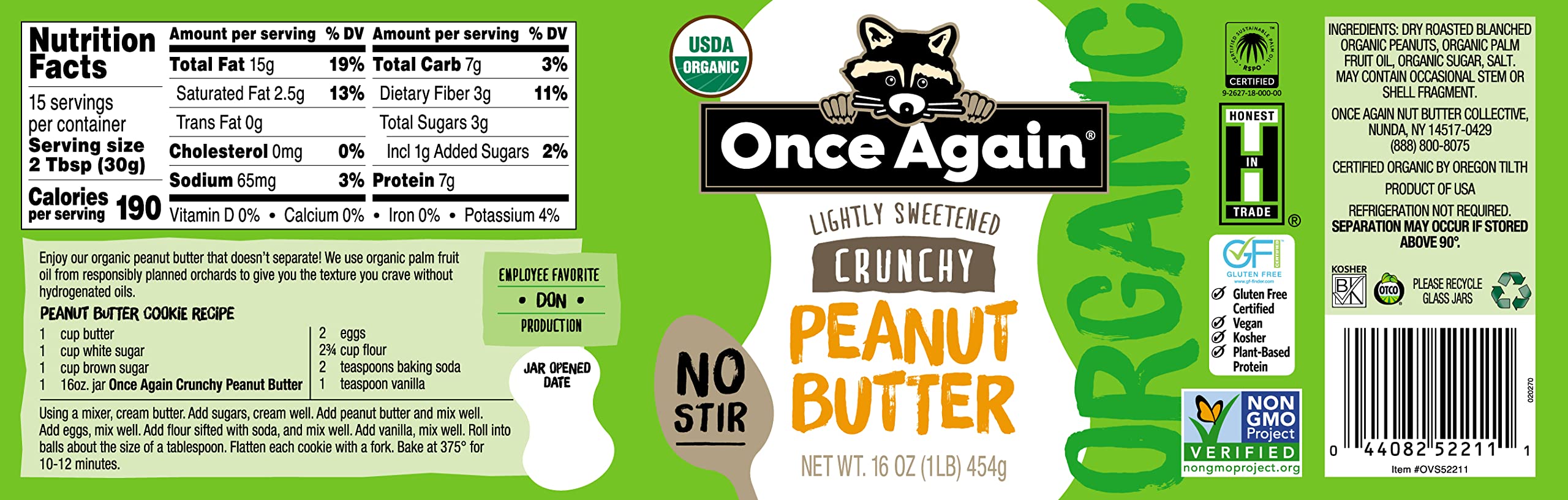 Once Again Organic Crunchy Peanut Butter, 16oz Jar - No Stir, Lightly Sweetened & Salted - USDA Organic, Gluten Free, Vegan, Kosher - Perfect for Sandwiches, Smoothies & Healthy Snacks