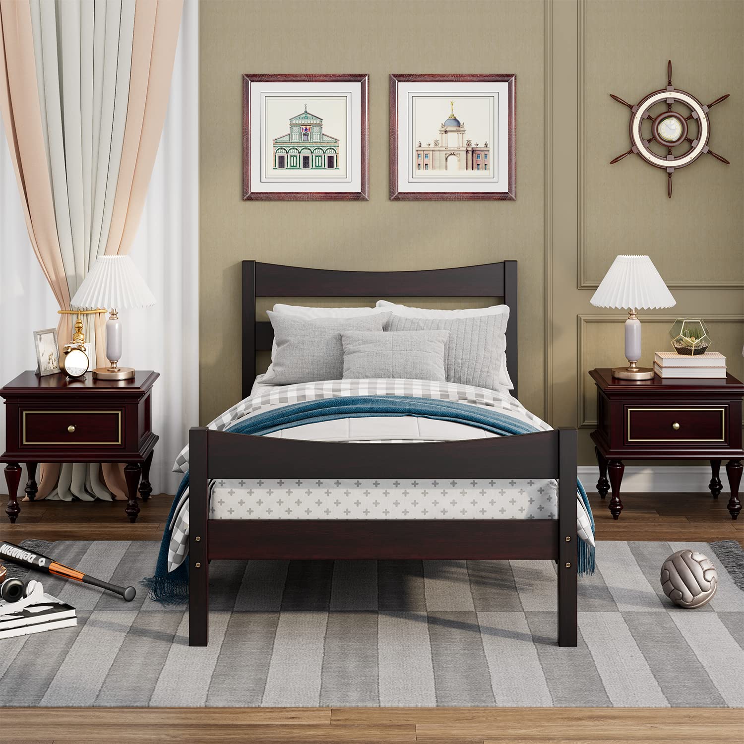 NAFOR Twin Size Wood Bed Frame with Headboard & Footboard - Solid Pine Platform Bed for Kids & Teens, No Box Spring Needed, Espresso Finish - Perfect for Bedrooms, Dorms, and Guest Rooms