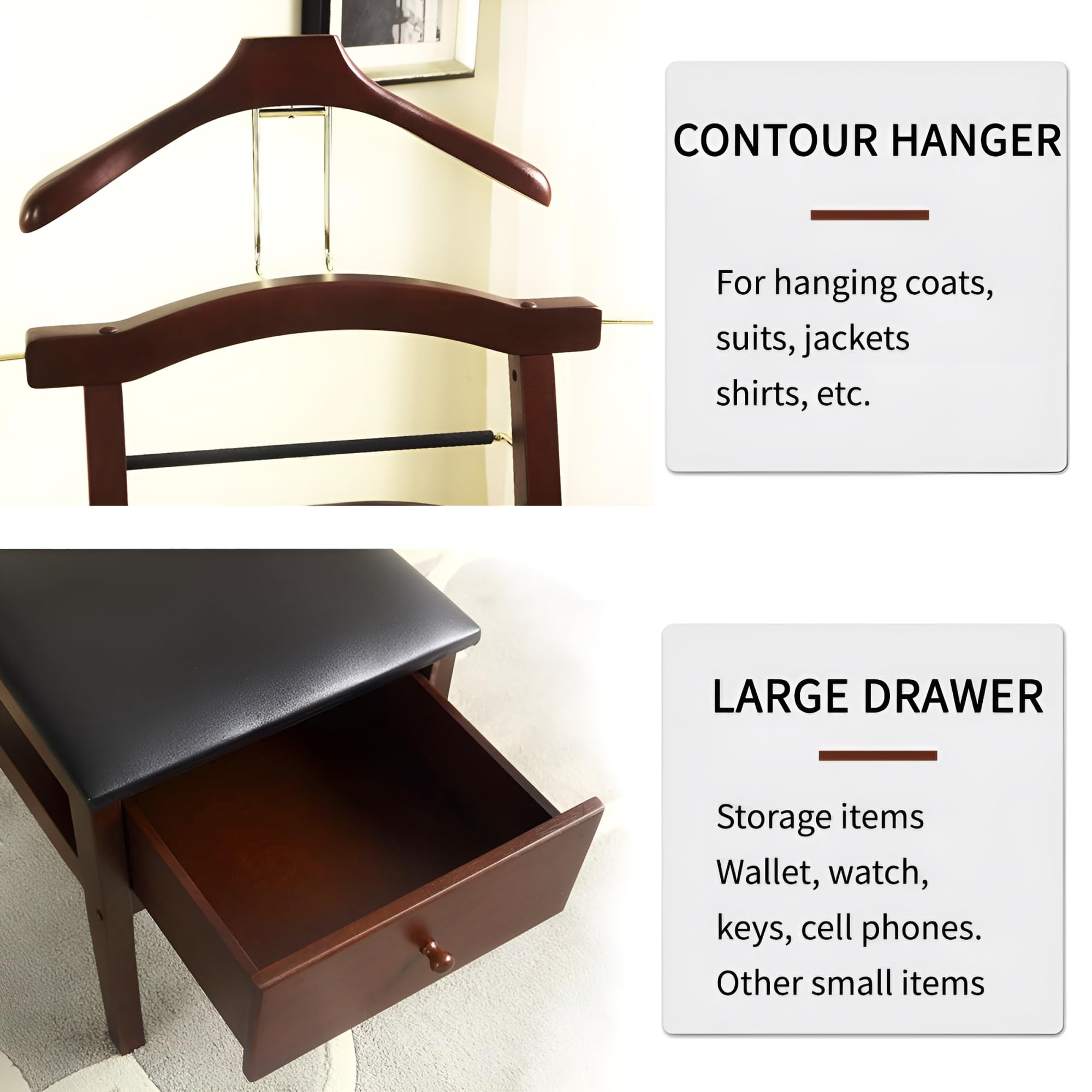 Premium Wooden Valet Stand with Drawer - Suit Valet Stand for Men & Women, Freestanding Closet Organizer with Trouser Bar & Tie Bar - Perfect for Bedroom, Closet & Dressing Room Organization