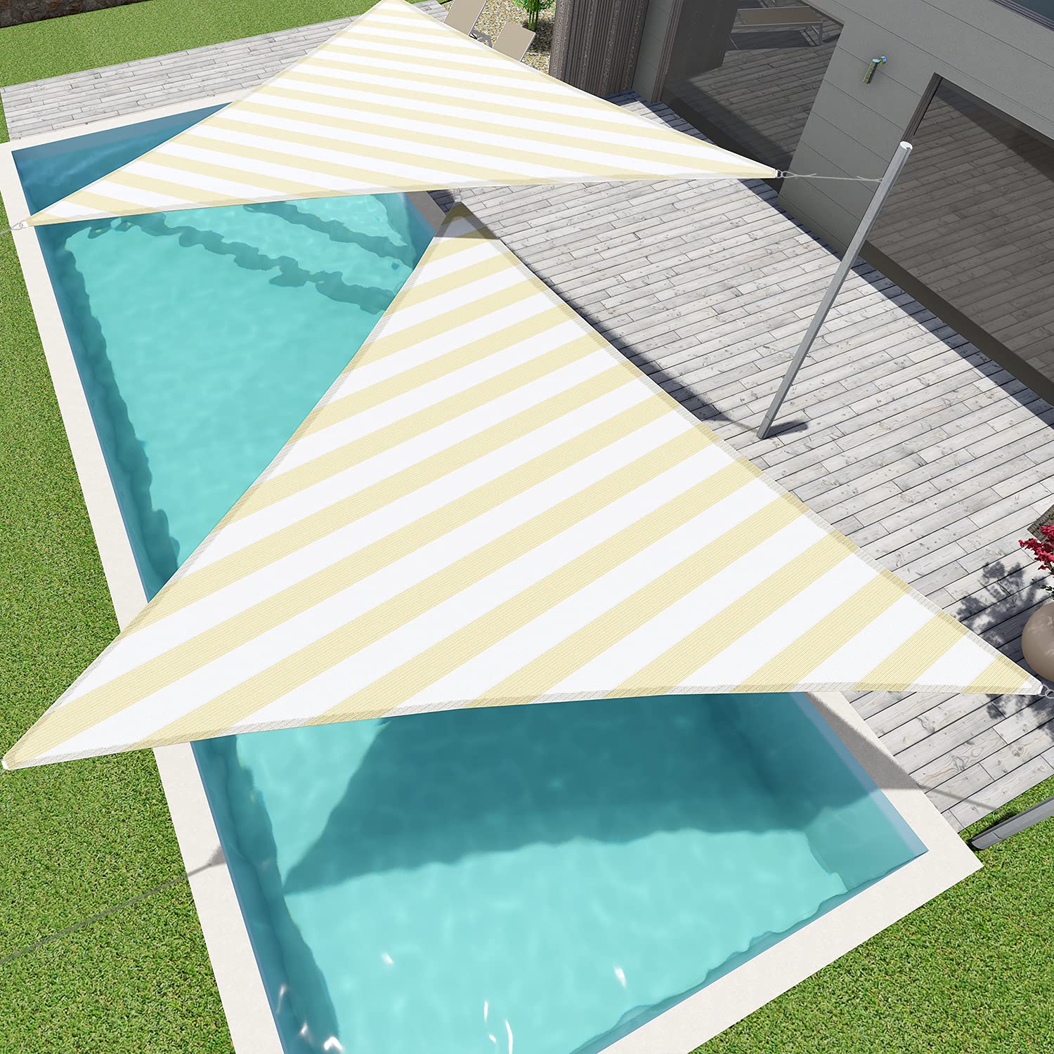 SunnyRoyal 27' x 27' x 27' Triangle Sun Shade Sail - UV Blocking Heavy Duty Canopy for Outdoor Patio, Carport, and Garden - Commercial Grade Fabric in Ice Blue & Beige White - Perfect for Backyard, Poolside, and Deck Shade