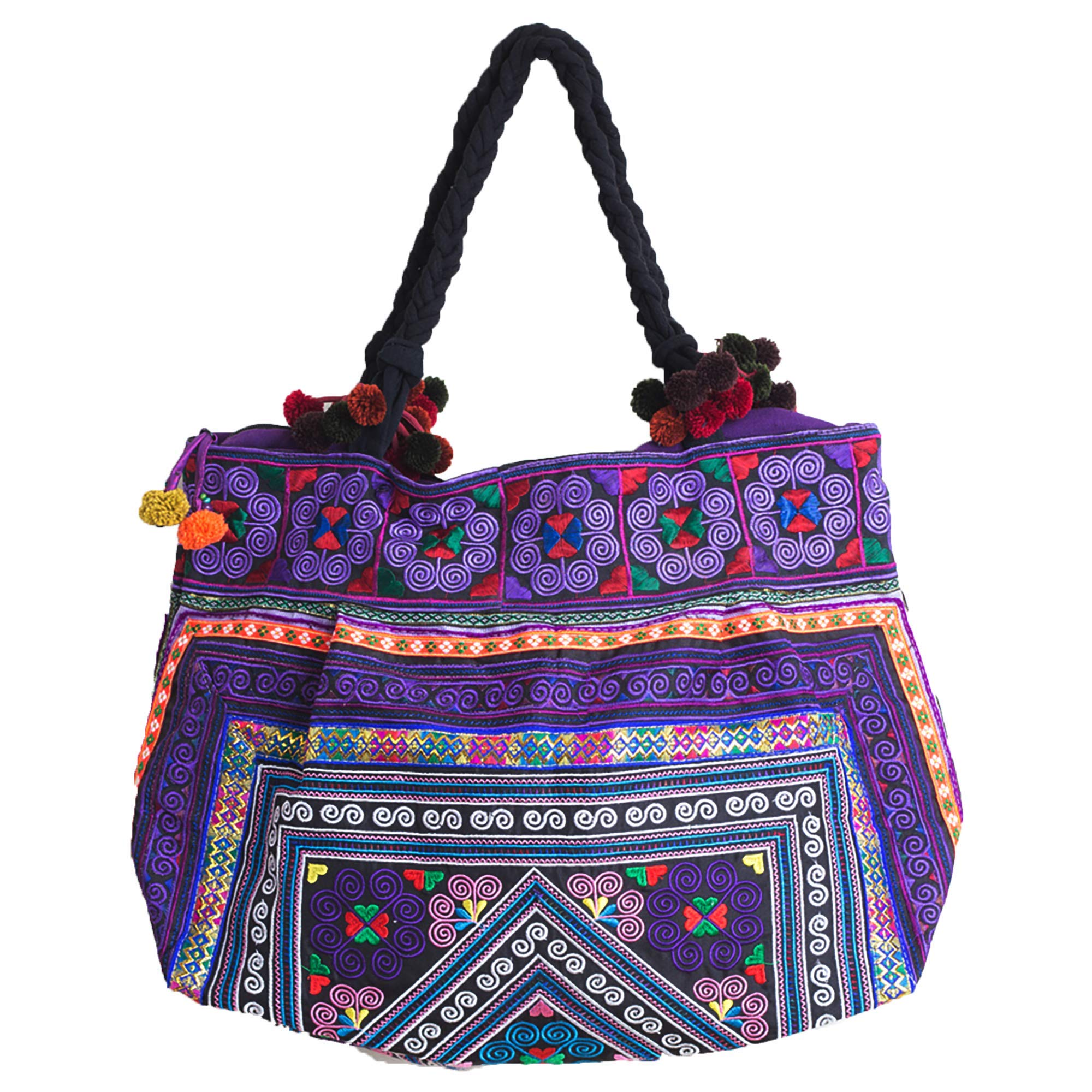 Changnoi Handmade Tote Bag - Authentic Hmong Tribal Embroidery Large Beach Bag for Women | Perfect for Travel, Shopping & Summer Outings