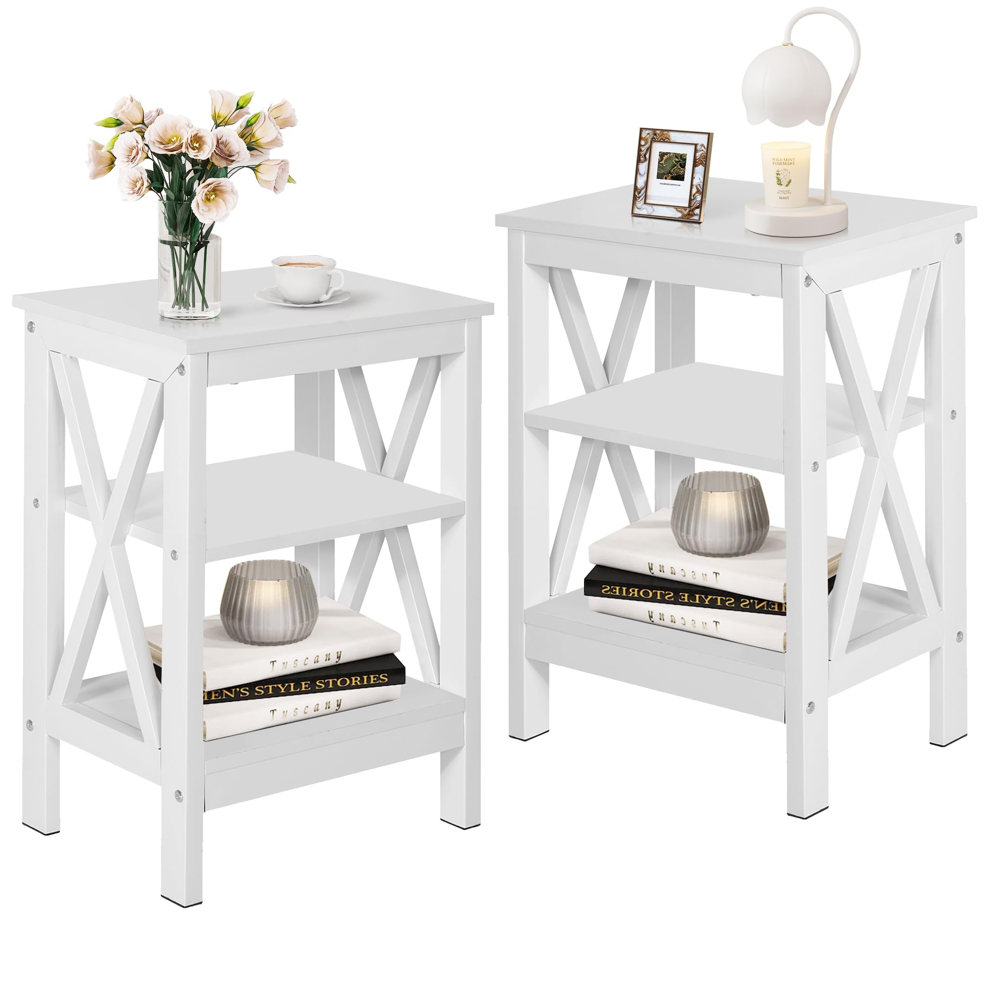 VECELO Modern Nightstands Set of 2 - X-Design Bedside Tables with Storage Shelf, White End Tables for Bedroom & Living Room - Perfect for Small Spaces, Apartment Decor, Guest Rooms and Master Bedroom Organization