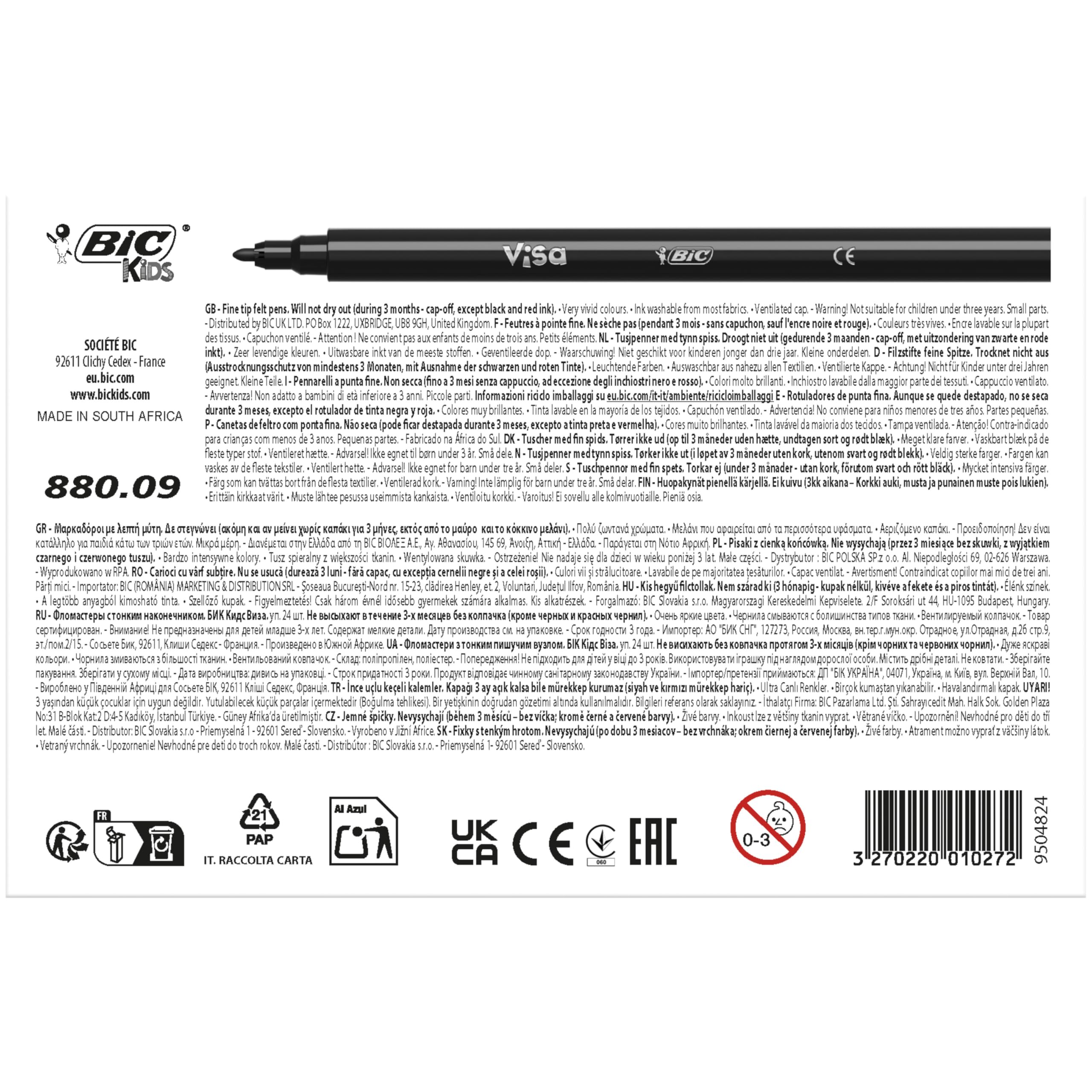 Bic Kids Visa Colouring Pens - 24 Pack Black Washable Markers for Children's Art Projects, School Supplies & Creative Drawing Activities