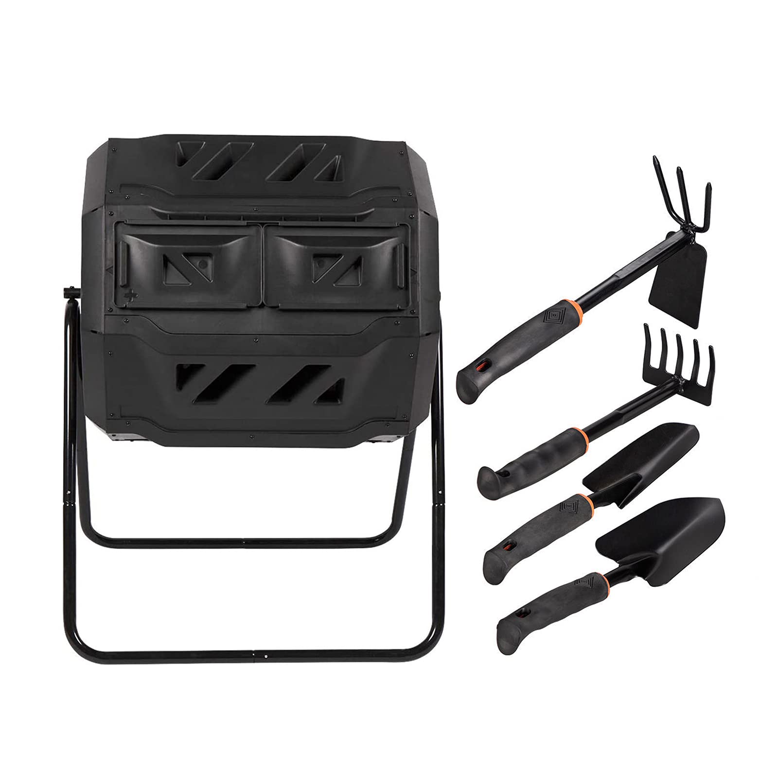 Dual Rotating Compost Bin with Garden Tool Set - 43 Gallon Composting Tumbler for Organic Waste, Leaves & Grass Clippings - Heavy Duty Steel Frame for Backyard, Gardening & Sustainable Living
