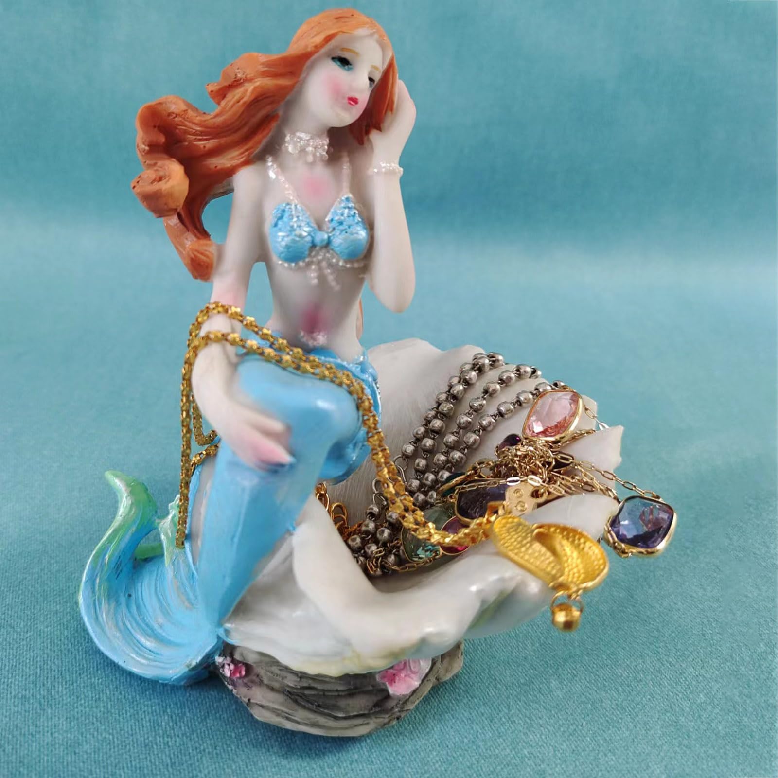 Blue Mermaid Figurine Resin Statue - Mediterranean Style Shell Aquarium Ornament, Jewelry Storage Organizer & Fish Tank Decoration - Perfect Gift for Girls & Mermaid Lovers - Great for Home Decor, Bedroom Display, and Aquatic Theme Parties