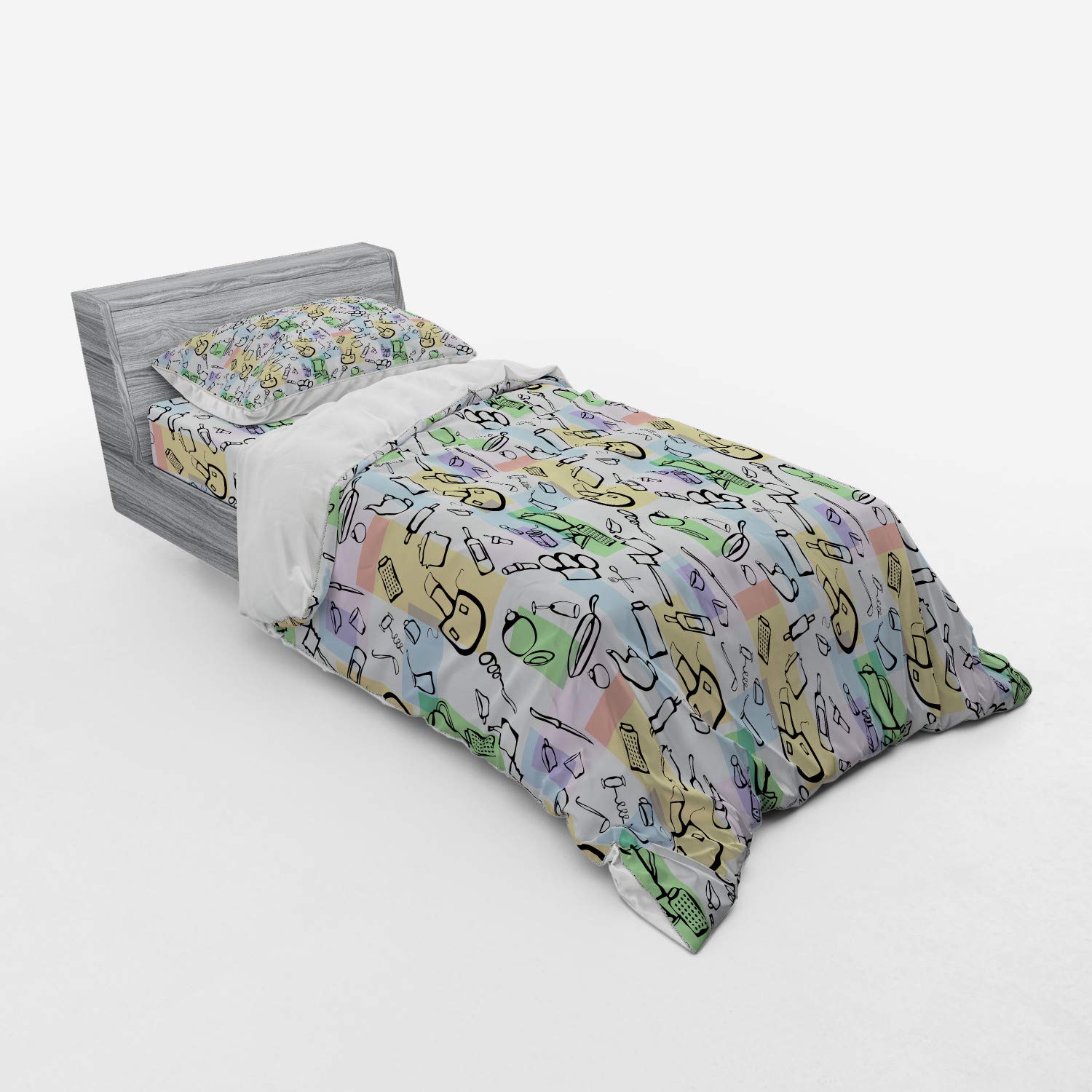 Ambesonne Abstract Bedding Set - 3 Piece Duvet Cover with Sham & Fitted Sheet, Twin Size, Multicolor Geometric Kitchen & Chef Table Design - Perfect for Modern Bedrooms & Gift Ideas