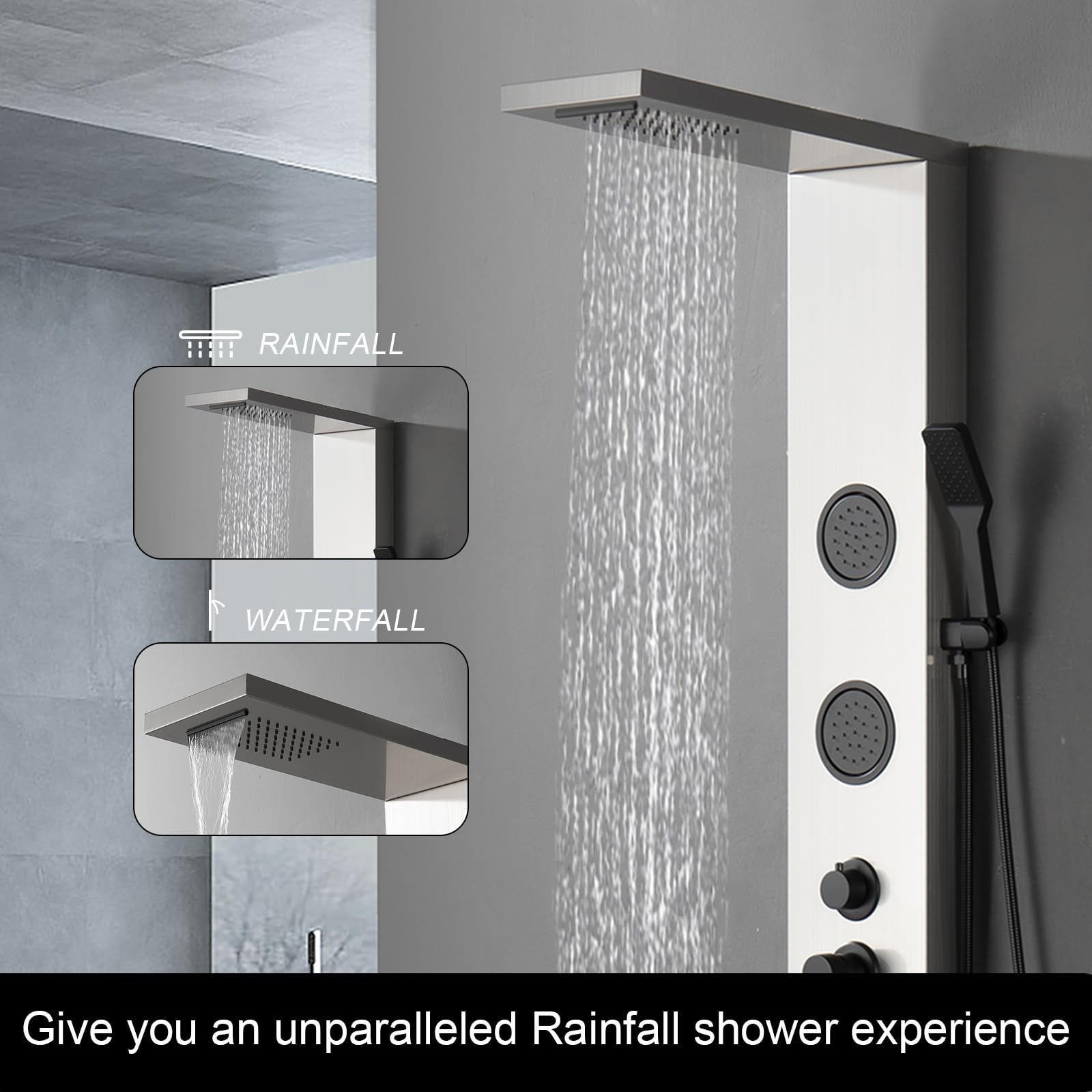 Homevacious 5-in-1 Shower Panel Tower System with Rainfall Shower Head, 3 Body Jets, Handheld Shower & Tub Spout - Modern Brushed Nickel Massage Shower System for Spa-Like Bathroom Experience