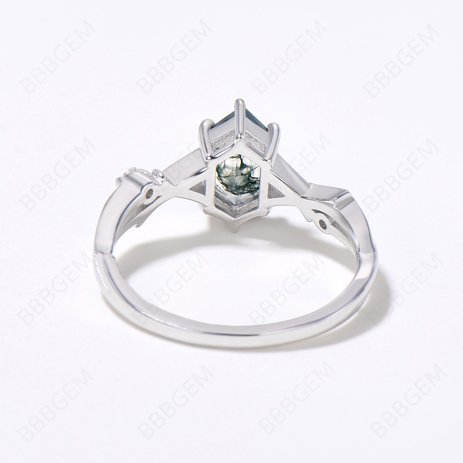Women's Moss Agate Long Hexagon Ring - Twig Branch Green Agate Elongated Promise Ring in 925 Sterling Silver - Perfect for Engagement, Anniversary & Boho Jewelry Gifts