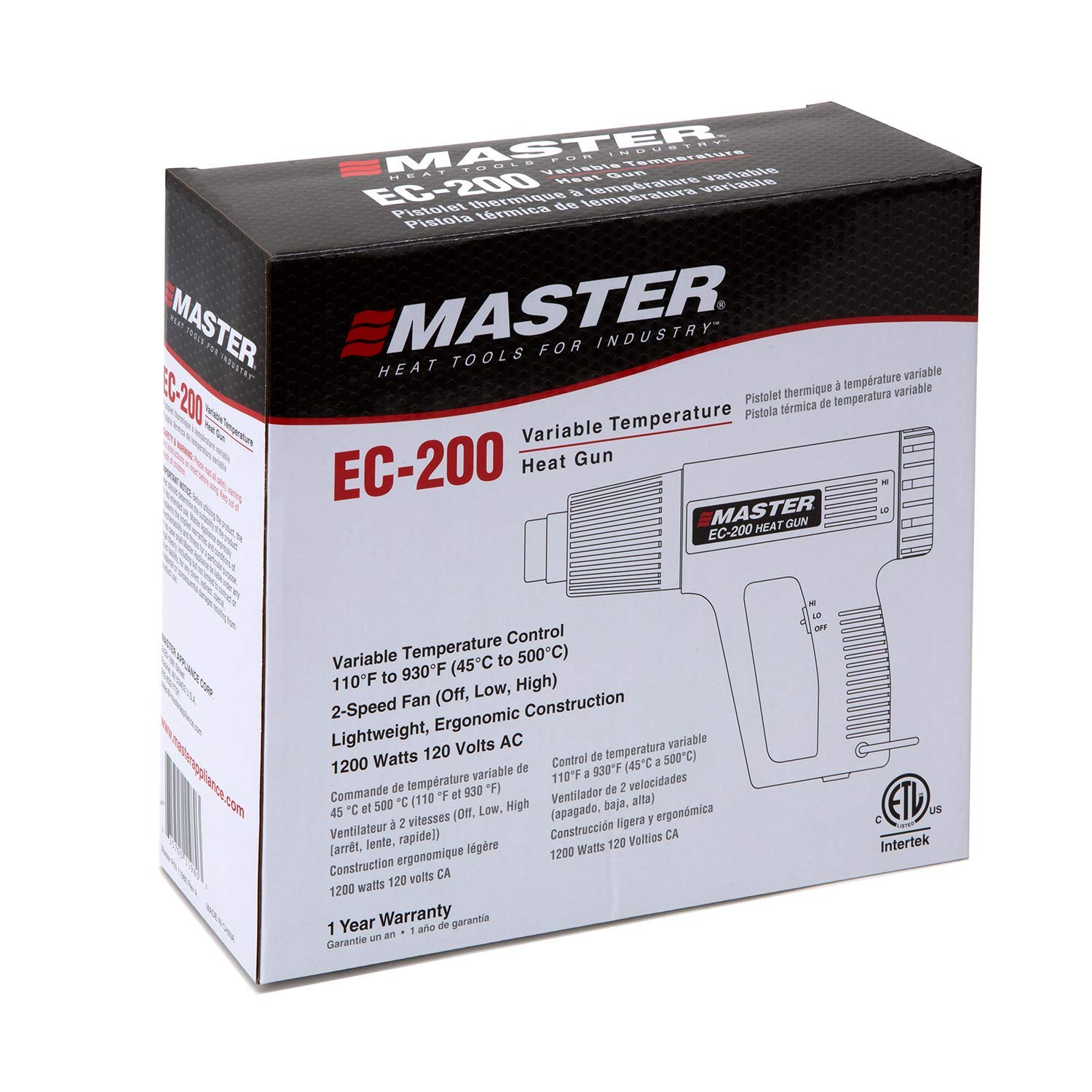 Master Appliance EC-200 Variable Temperature Heat Gun 120V, 10 Amps, 1200W Hot Air Gun for Shrink Wrap, Wire Connectors, Shrink Tubing, Crafts & Paint Stripping - Perfect for DIY Projects, Home Repairs and Professional Use