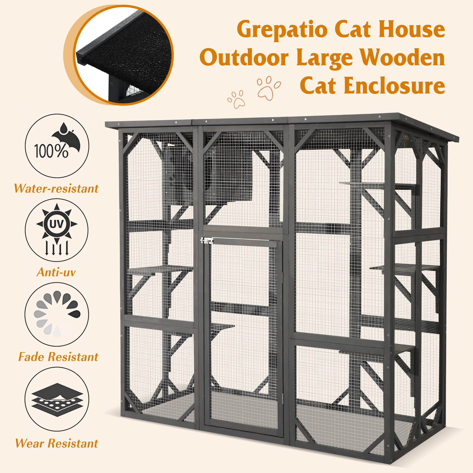 Outdoor Catio Enclosure - Weatherproof Wooden Cat House with Playpen & Platform for Indoor/Outdoor Use