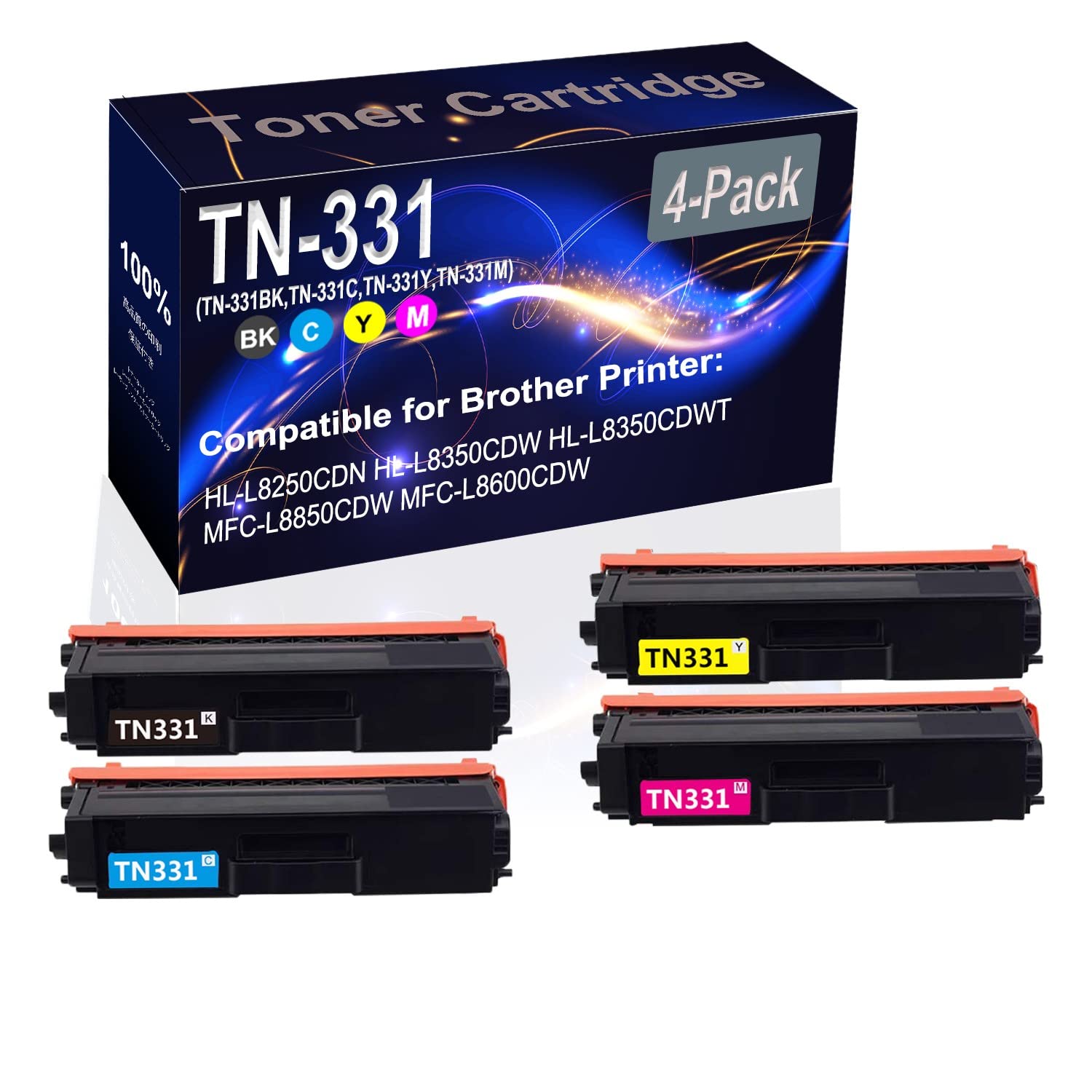 High Capacity 4-Pack (BK+C+Y+M) Replacement Toner Cartridge for Brother HL-L8250cdn & HL-L8350cdw Laser Printers - Compatible with TN331/TN-331 Series (TN-331BK, TN-331C, TN-331Y, TN-331M) - Perfect for Office & Home Printing Needs