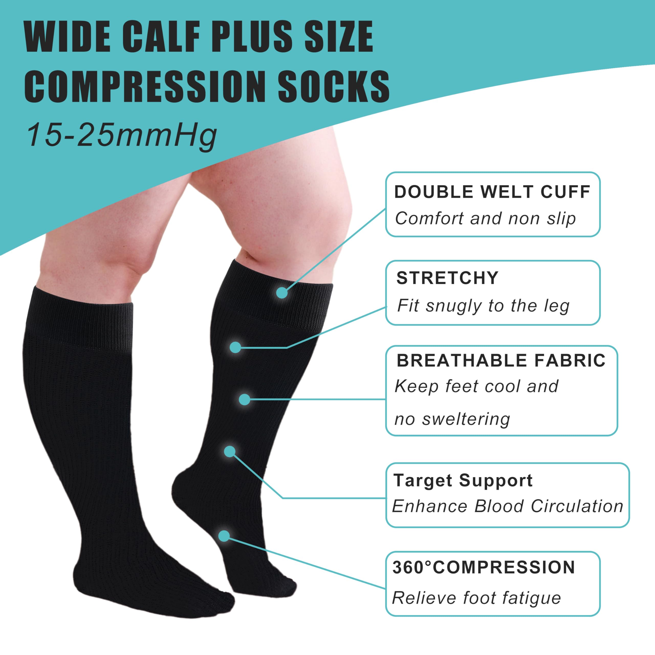 4 Pairs Plus Size Compression Socks for Women & Men (15-20mmHg) - Wide Calf Knee High Support Stockings for Circulation, Travel & Work - Breathable Medical Compression Socks for Nurses, Athletes & Pregnancy