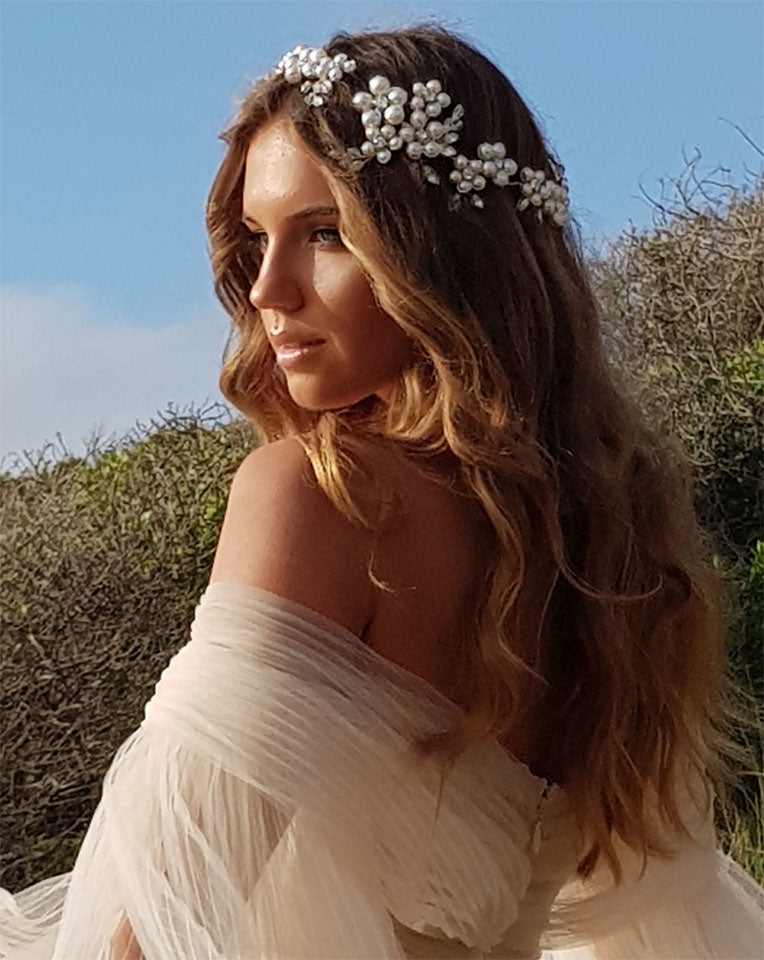 Elegant Bridal Headpiece with Dramatic Pearl Clustered Floral Vine Band - Milan by Kezani | Perfect for Weddings, Bridal Showers & Boho Bridal Looks | Buy or Hire Online