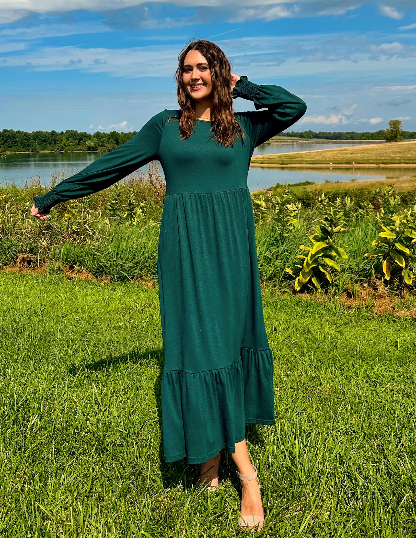 ZESICA Women's Long Sleeve Pleated Swing Dress - Crewneck Casual Tiered Midi Dress with Pockets for Spring 2025 | Perfect for Office, Brunch & Date Nights