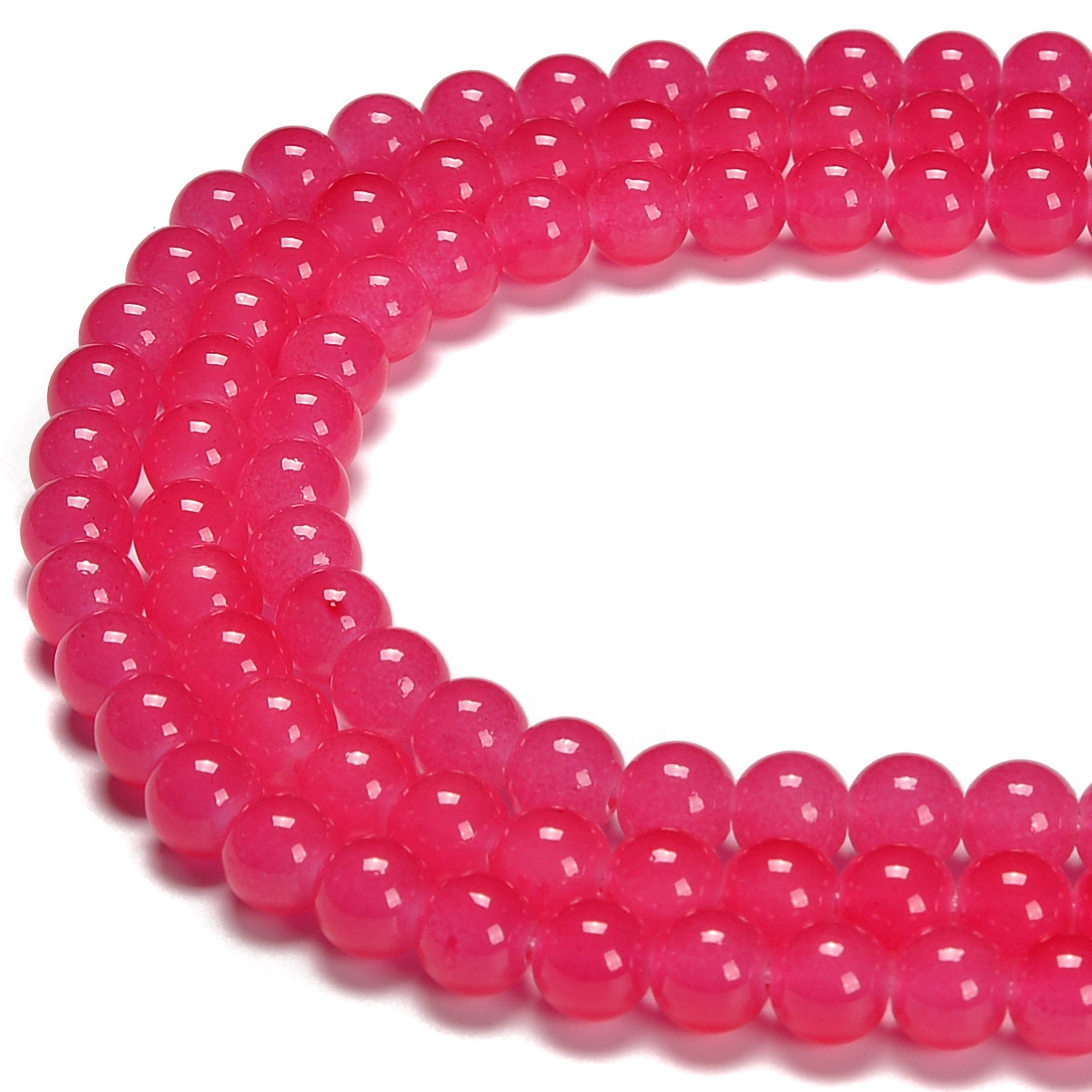 Fuchsia Pink Crystal Glass Smooth Round Beads - 6mm, 8mm, 10mm, 15.5 Inch Strand - DIY Jewelry Making, Bracelets, Necklaces & Craft Projects
