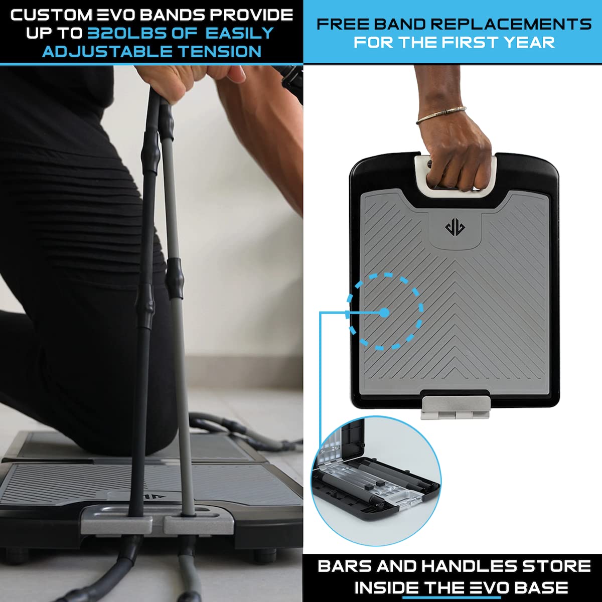 EVO Gym - Portable Home Gym Equipment for Strength Training, Resistance Bands with Base Holds Gym Bar & Handles | Compact Travel & Home Workout Solution for Full Body Exercise | Perfect for Home, Office, Travel & Outdoor Fitness