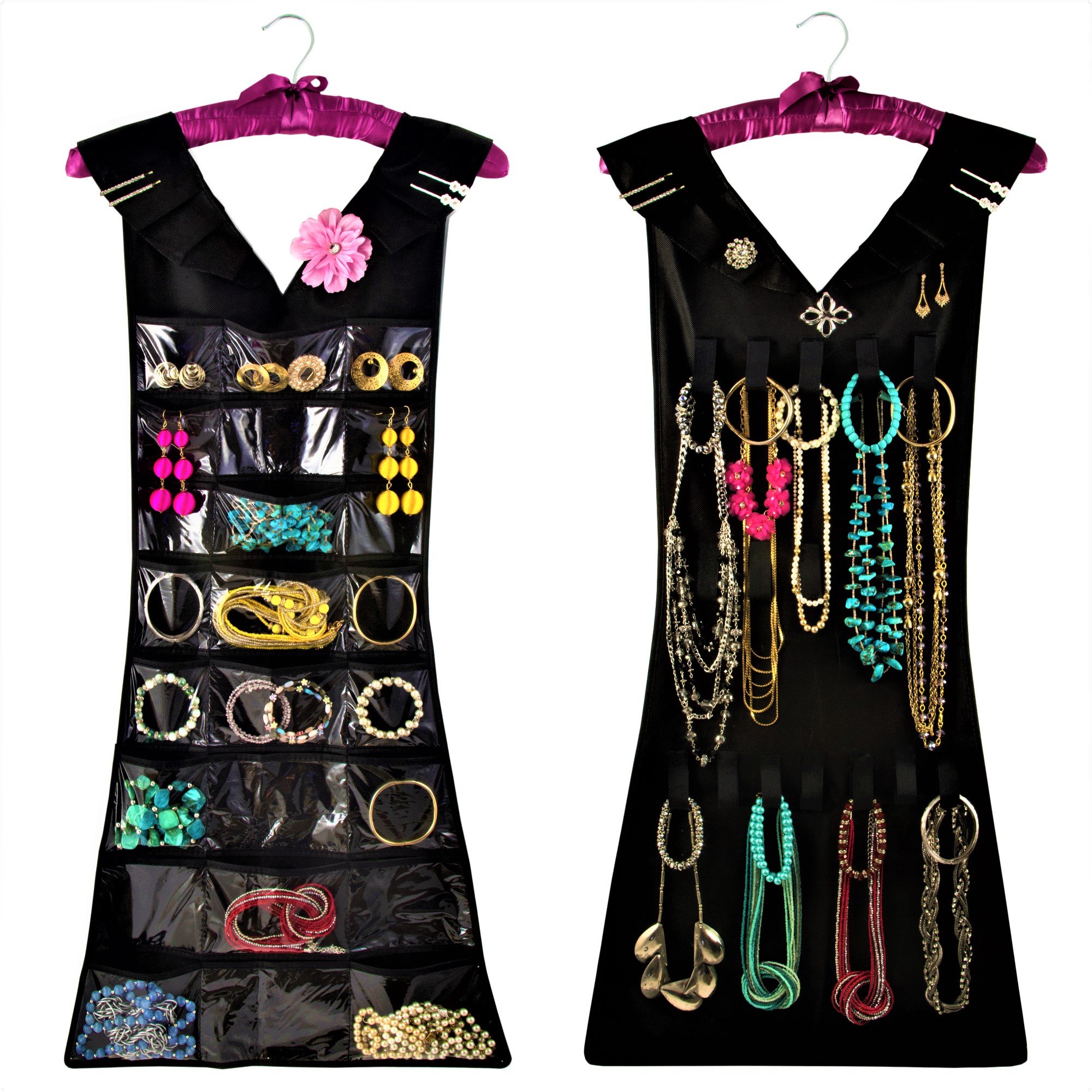 My Little Dress Jewelry Organizer with Satin Hanger - 24 Pockets & 17 Loops for Necklaces, Earrings & Accessories - 2-Sided Closet Storage for Jewelry, Hair Clips & Makeup (Black Dress & Pink Hanger) - Perfect for Bedroom, Bathroom & Travel Organization