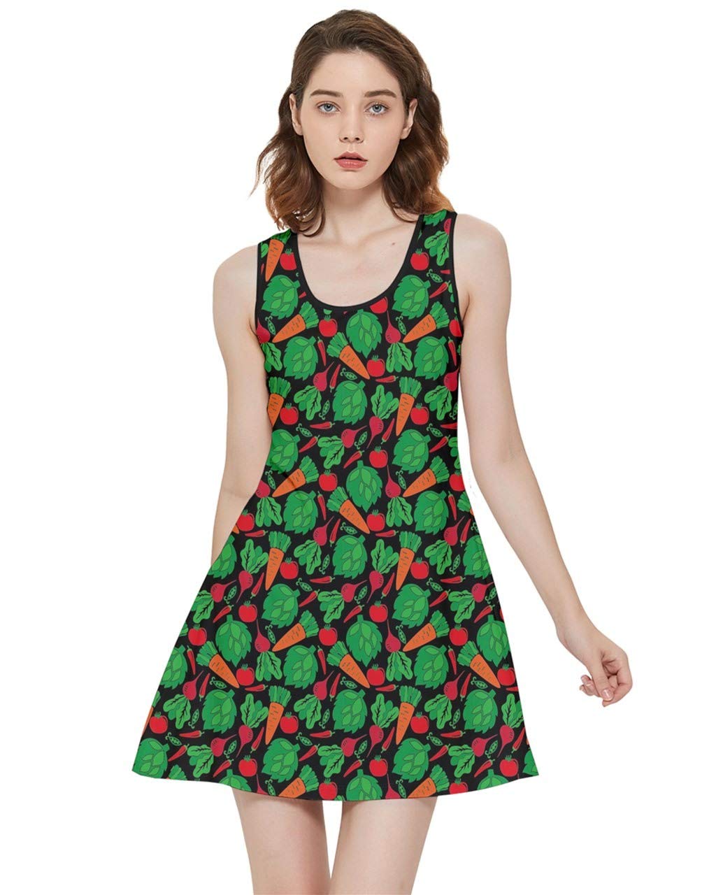 CowCow Women's Reversible Skater Dress - Vegetable Print (Tomato, Carrot, Onion) & Floral Design, Plus Size XS-5XL | Casual Summer Dress for Beach, Party & Everyday Wear