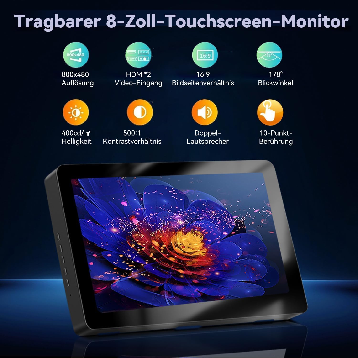 8 Inch Portable Touchscreen Monitor with HDMI & USB-C, 800x480 IPS LCD Display - Mini Travel Screen for PC, Laptop, Phone & Raspberry Pi | Built-in Speaker & Stand | Perfect for Remote Work, Gaming & Digital Signage