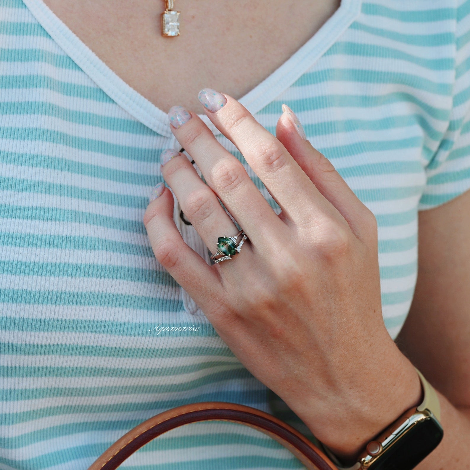 Hexagon Green Moss Agate Ring Set - 925 Sterling Silver Jewelry for Women, Nature-Inspired Gemstone Rings, Boho Chic Wedding Gift for Her | Perfect for Everyday Wear, Special Occasions & Spiritual Healing