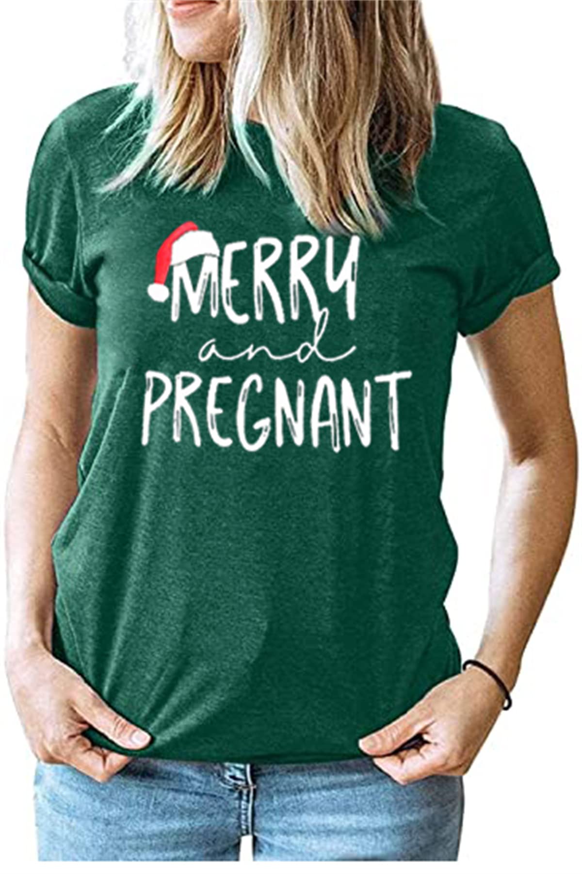 Funny Merry and Pregnant Christmas Maternity T-Shirt - Cute Pregnancy Announcement Tee for Xmas - Short Sleeve Top for Holiday Photos & Family Gatherings