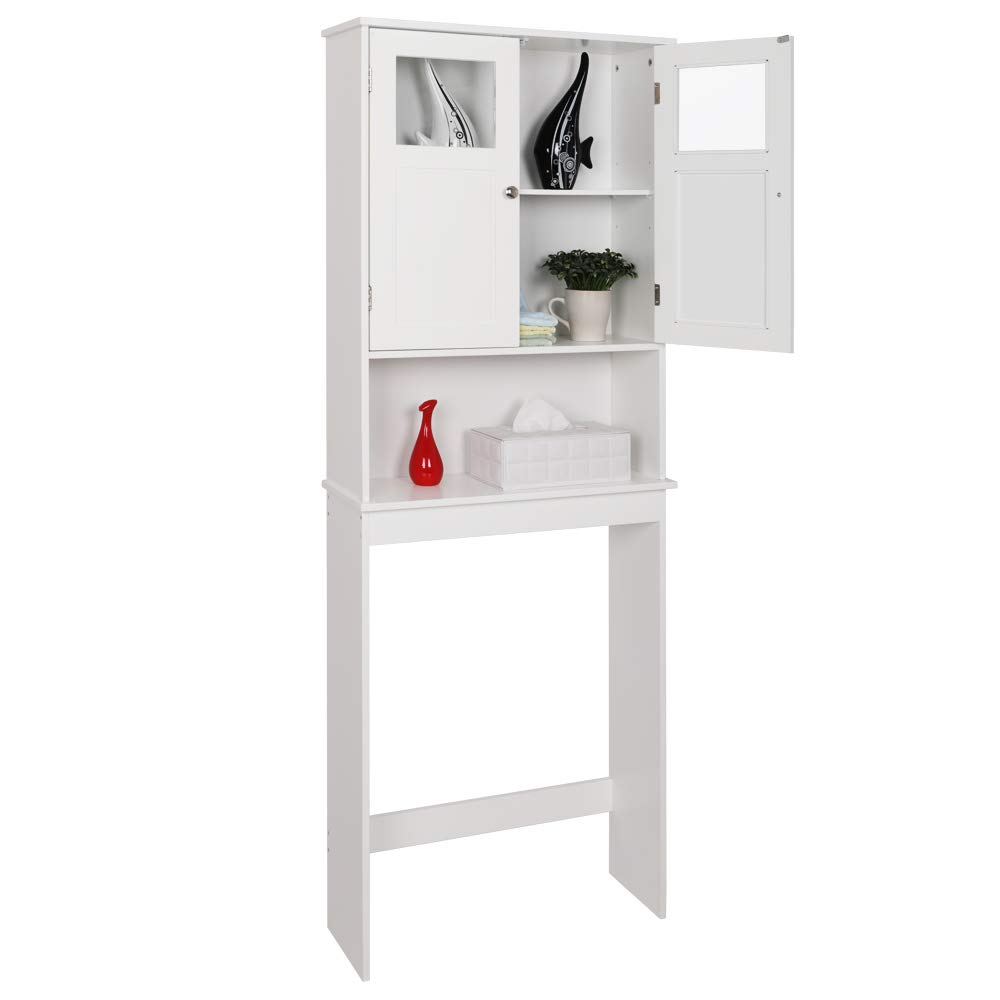 Ochine White Over The Toilet Storage Cabinet - Double Door Bathroom Organizer with Adjustable Shelves & Open Storage - Space Saving Free Standing Toilet Rack for Small Bathrooms, Apartments & Powder Rooms - Perfect for Storing Towels, Toiletries & Cleaning Supplies