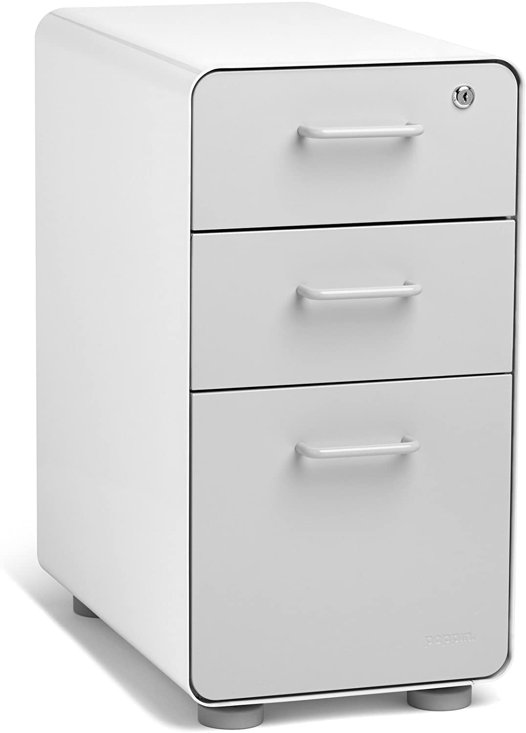 Poppin Slim Stow 3-Drawer File Cabinet - White & Light Gray | 2 Utility Drawers + 1 Hanging File Drawer | Powder-Coated Steel Office Storage | for Home Office, Workspace & Classroom Organization
