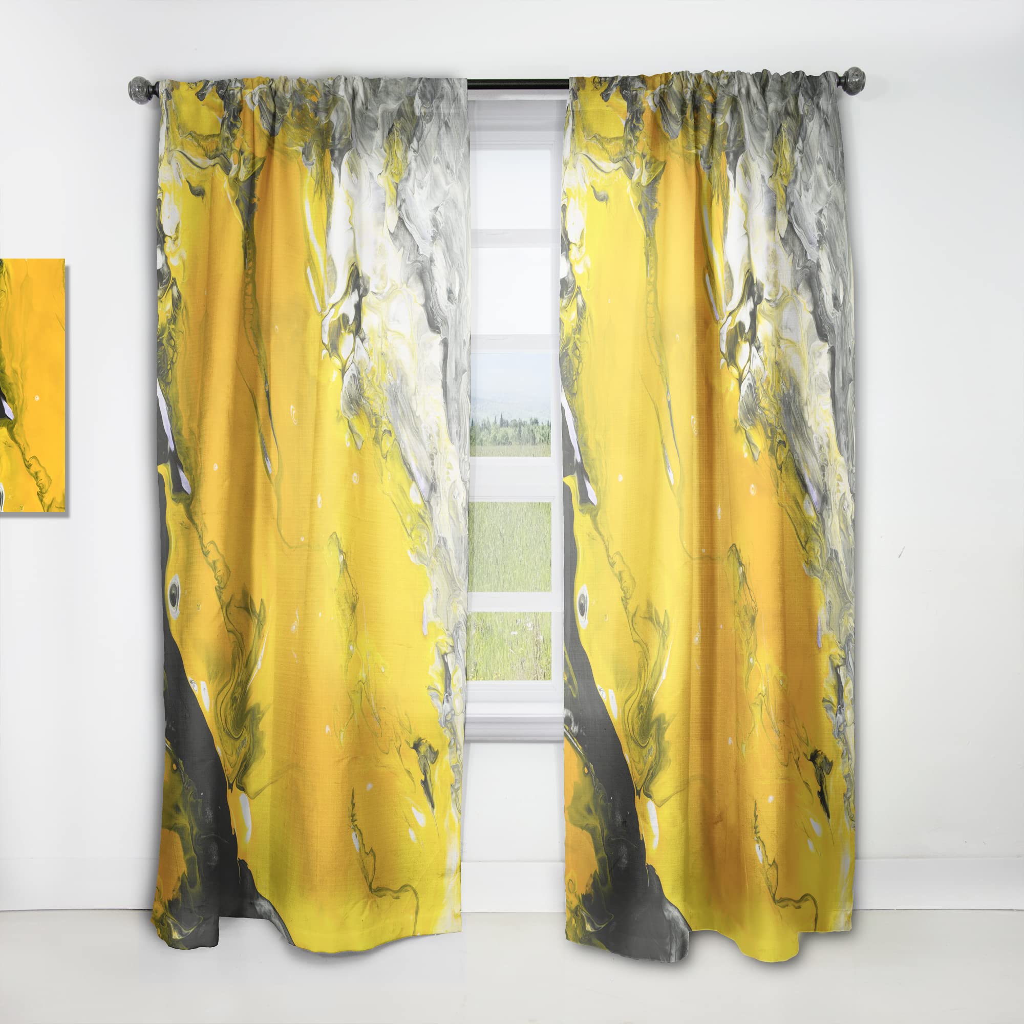 DesignQ Thermal Insulated Black & Yellow Marble Acrylic Painting Curtains - Single Panel 52x95 Inches - Elegant Window Treatments for Bedroom & Living Room - Perfect for Home Decor & Light Blocking