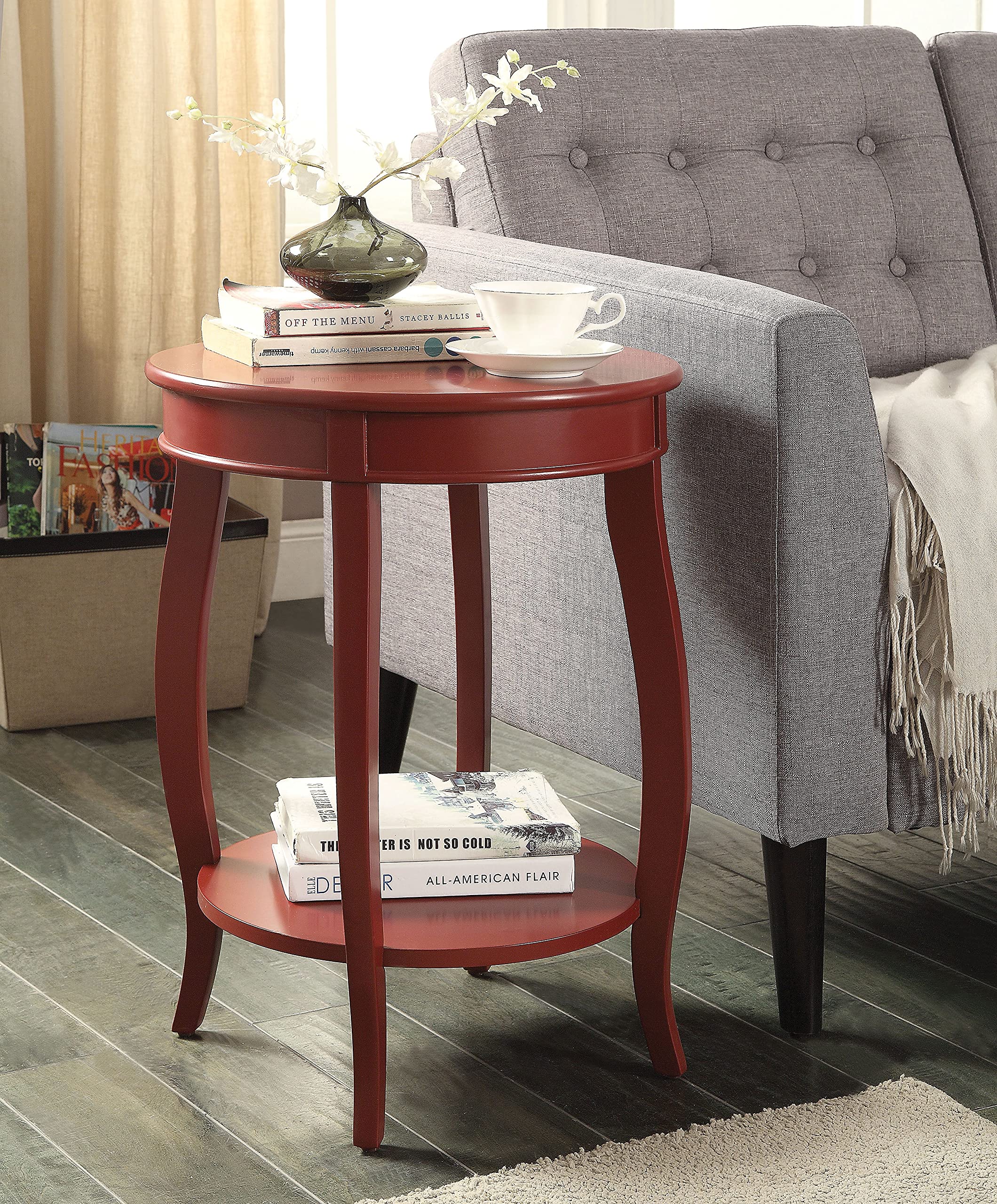 Wooden Round Side Table with Shelf - Modern End Table, Nightstand, or Plant Stand for Living Room, Bedroom & Office - Red Finish