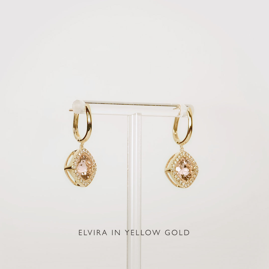 Exquisite Morganite & Diamond Halo Drop Earrings in Rose Gold - Elvira Collection | Perfect for Weddings, Anniversaries & Special Occasions