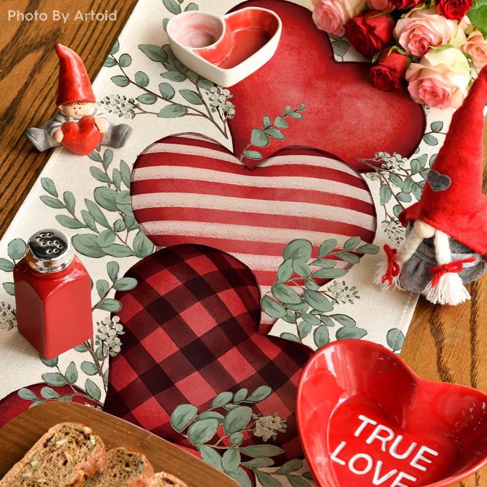 Eucalyptus Hearts Valentine's Day Table Runner - 13x72 Inch Holiday Kitchen & Dining Table Decor for Home Parties, Weddings & Indoor Events - Romantic Farmhouse Table Decoration