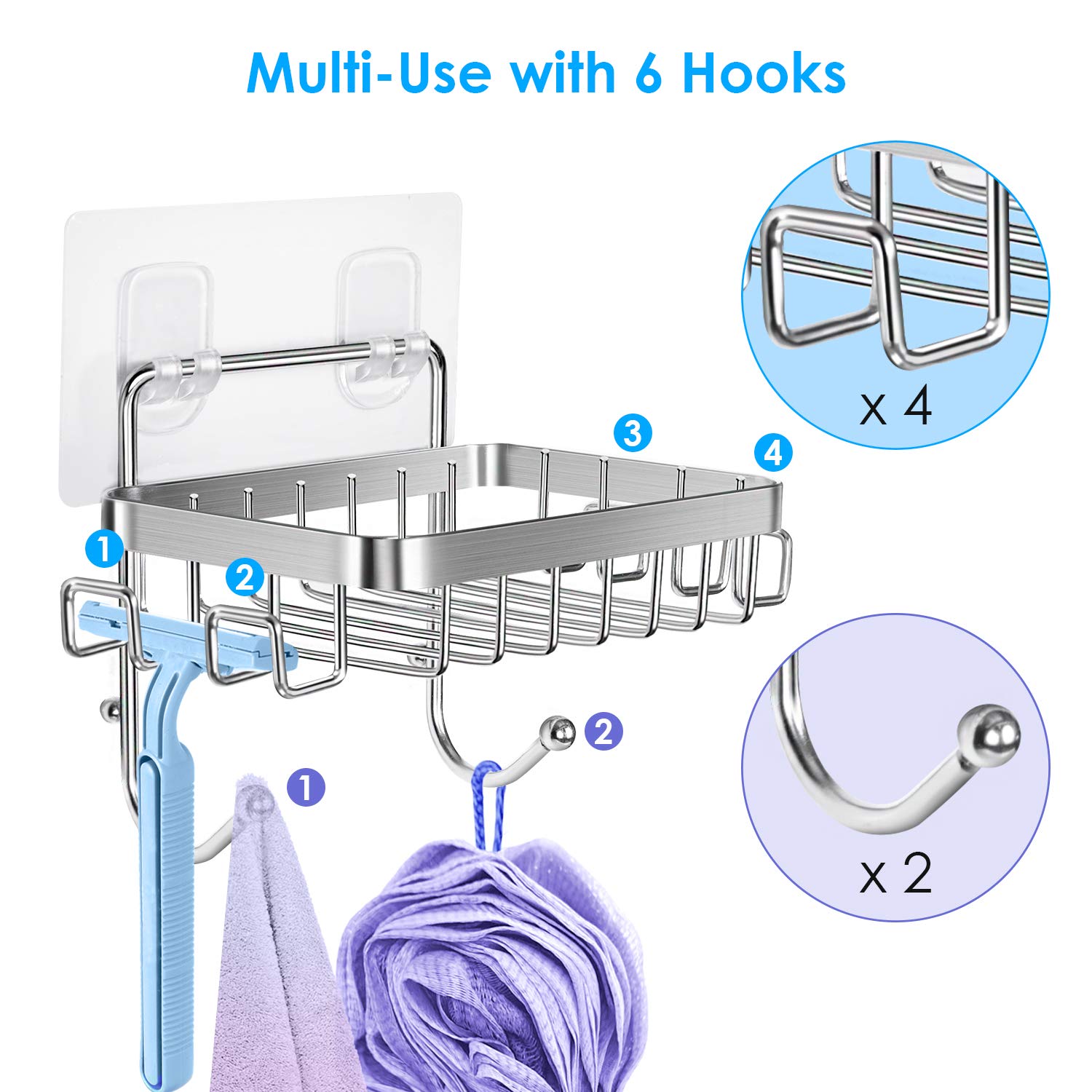 ODesign Adhesive Wall Mounted Soap Dish Holder with 6 Hooks - Loofah, Bath Sponge, Towel & Razor Organizer for Bathroom, Shower & Kitchen - No Drilling Required (Silver, 1 Pack) - Perfect for Small Space Organization & Clutter-Free Showers