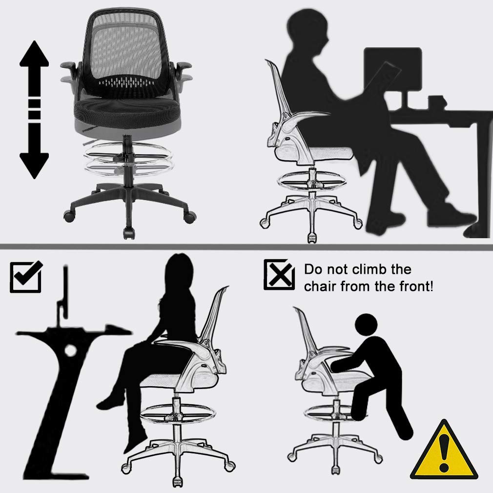 Ergonomic Mesh Drafting Chair with Adjustable Height, Lumbar Support & Flip-Up Arms - Swivel Rolling Office Chair for Tall Desks | Perfect for Home Office, Computer Work & Executive Workspaces - Black