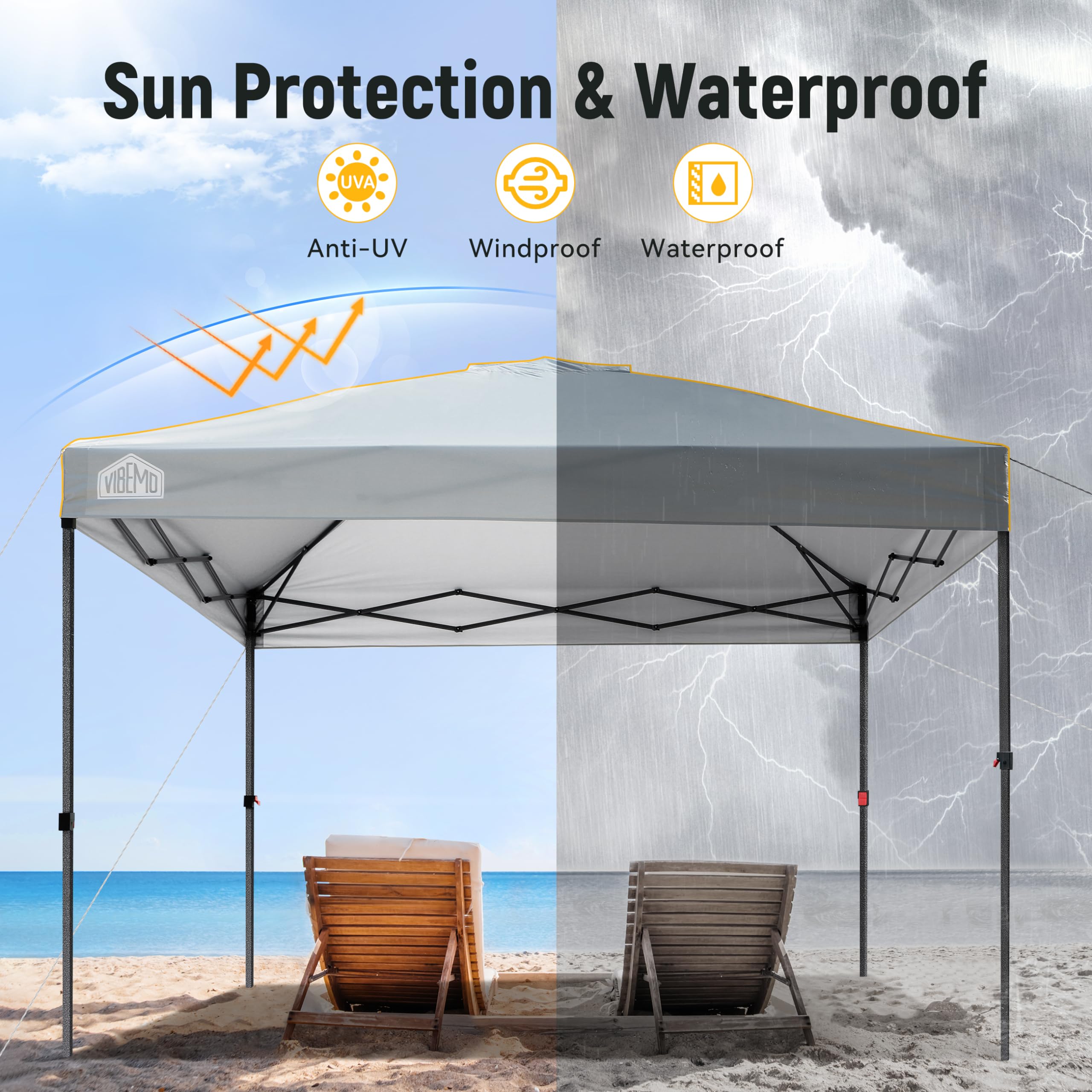 10x10 Pop Up Canopy Tent - Easy 1-Person Setup with Roller Bag, 3 Adjustable Heights, 4 Sandbags & 8 Stakes - Waterproof & UPF50+ Sun Protection - Perfect for Outdoor Parties, Beach Events, Camping & Backyard Gatherings