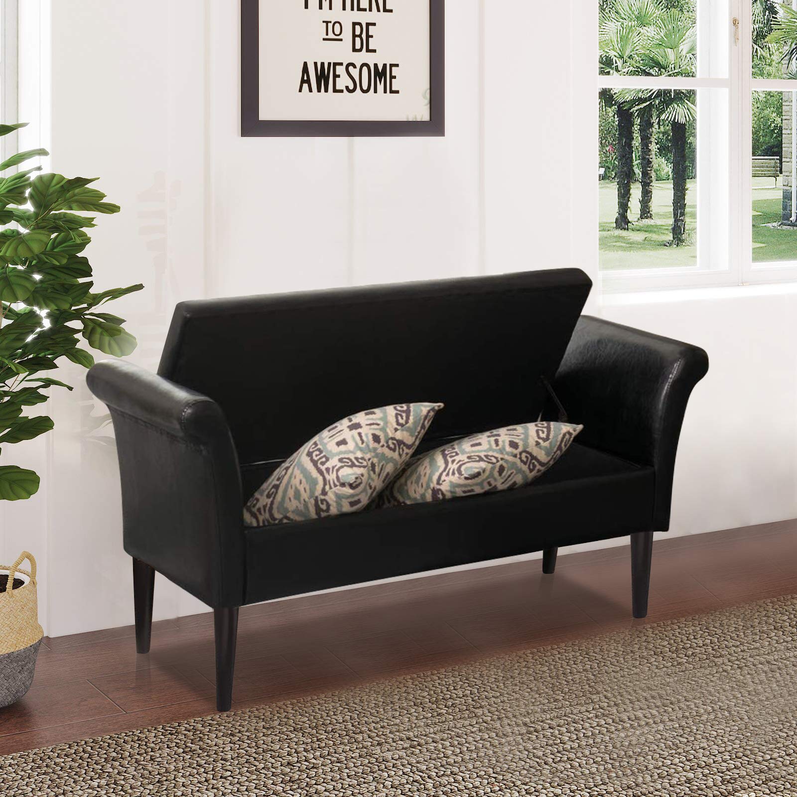 Awonde Black Faux Leather Storage Ottoman Bench with Arms - PU Upholstered Tufted Seat for Bedroom, Entryway & Living Room - Perfect for Extra Seating & Hidden Storage