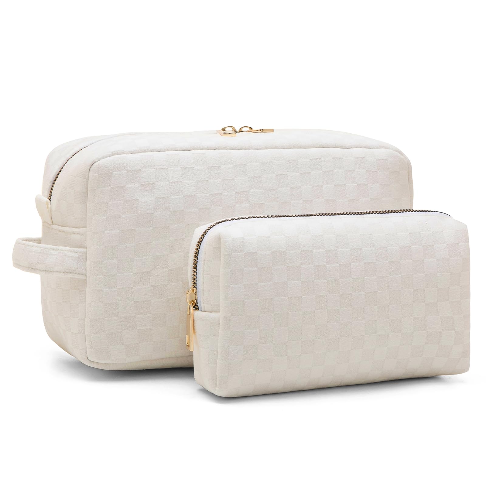 2 Pack Large Checkered Makeup Bag for Women - Waterproof Cosmetic Organizer with Travel Toiletry Case & Brush Holder - Perfect for Travel, Gym, and Daily Essentials Storage (Beige)