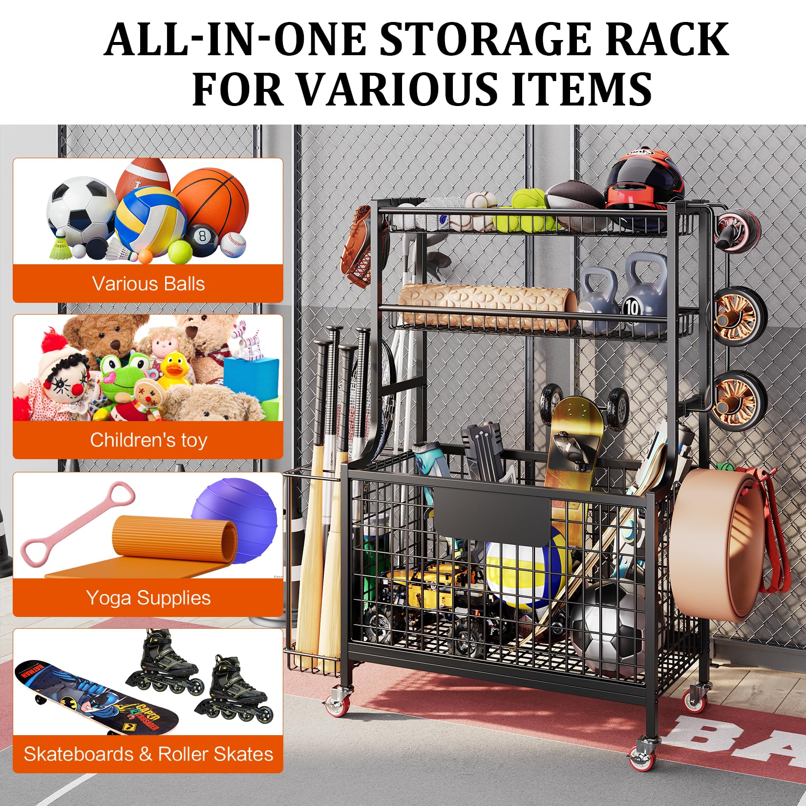 Heavy Duty Garage Storage Rack for Sports Equipment - Rolling Ball Organizer with Wheels, Hooks & Baskets - Golf Bag Stand, Basketball & Football Holder - Perfect for Indoor/Outdoor Use in Garages, Basements & Playrooms