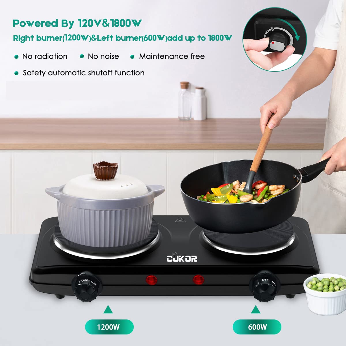 CUKOR 1800W Double Cast Iron Electric Hot Plate - Portable 2 Burner Countertop Stove for Home, RV & Outdoor Cooking | Dual Electric Cooktop with Adjustable Temperature for Camping, Dorm & Kitchen Use