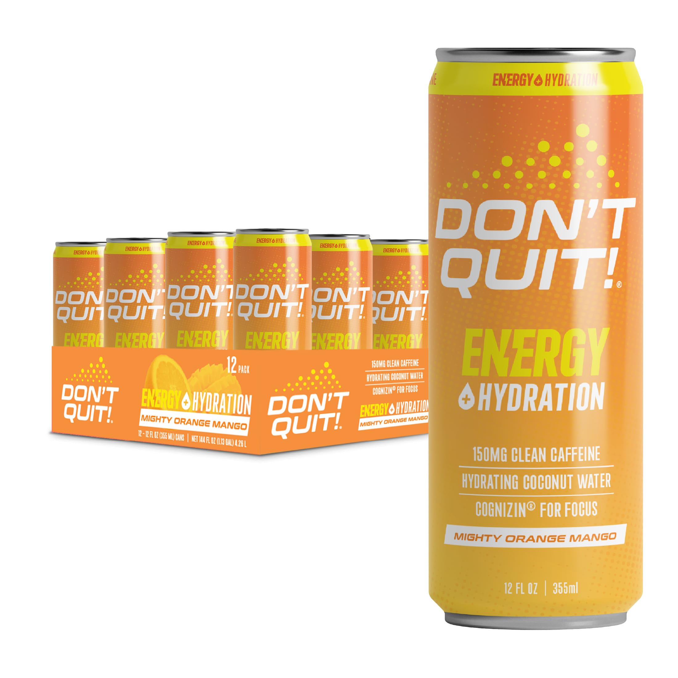 DON’T QUIT Clean Sports Energy Drink - 150mg Natural Caffeine, Coconut Water & Electrolytes for Hydration, Cognizin® for Focus - Mighty Orange Mango (12 Pack) | Pre-Workout Boost, Study Aid & Active Lifestyle Hydration