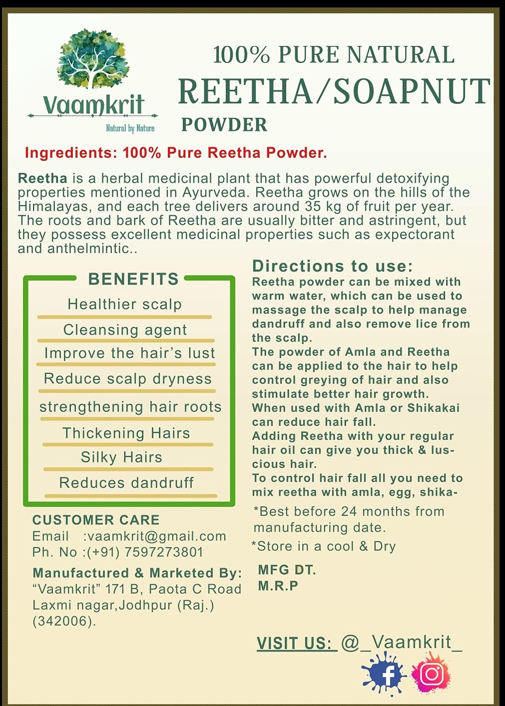 Vaamkrit 100% Natural Reetha Soapnuts Powder for Silky Smooth Hair - Herbal Shampoo & Hair Care Solution - Perfect for Natural Cleansing, Scalp Health & Shine Enhancement