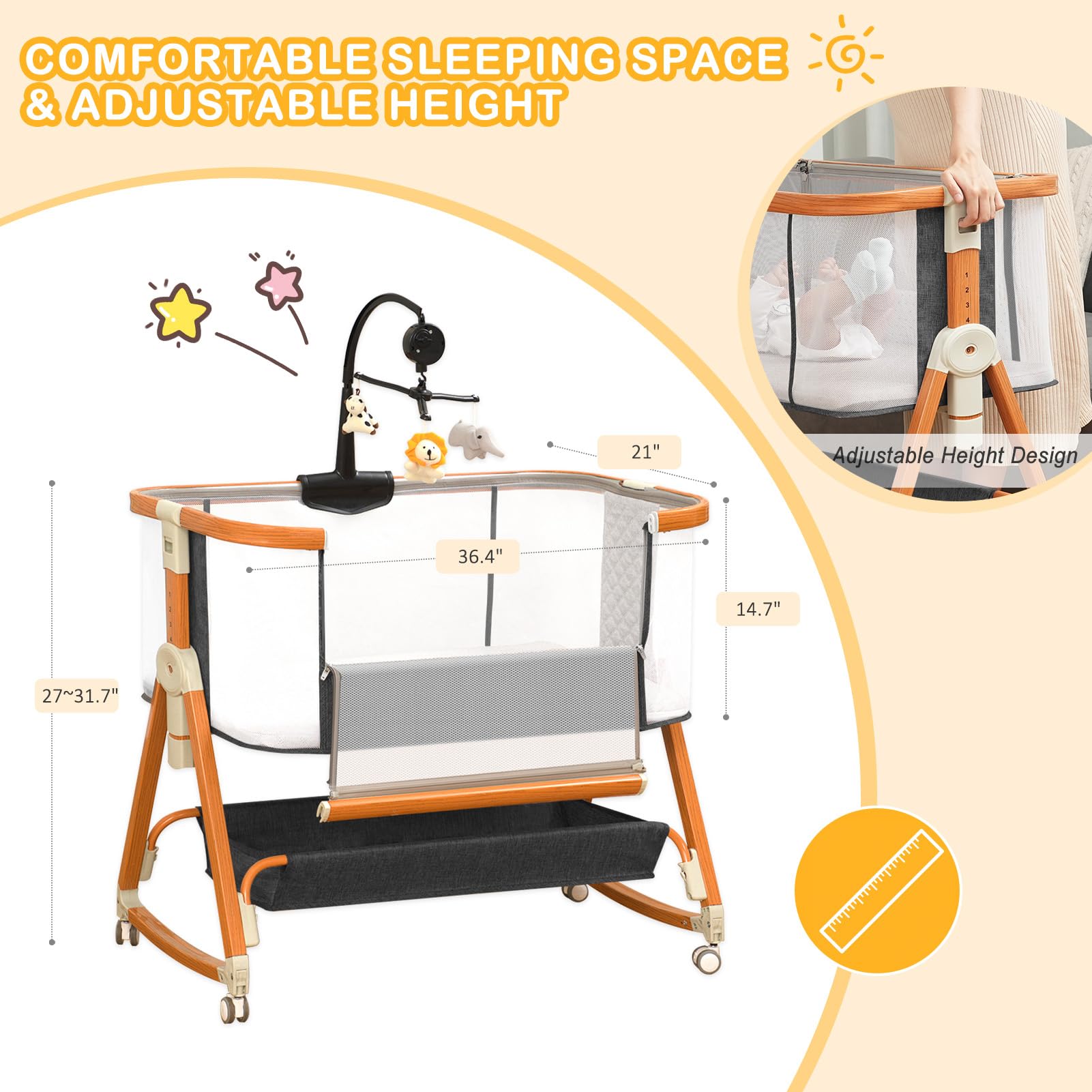 3-in-1 Adjustable Baby Bassinet Bedside Sleeper with Wheels, Storage Basket & Musical Toy - Breathable 4-Sided Mesh Crib for Newborns 0-6 Months (Black) | Perfect for Nursery, Bedroom Co-Sleeping & Late Night Feedings