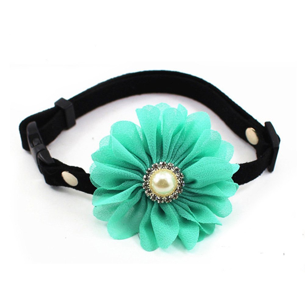 Sparkling Rhinestone Daisy Flower Charm Suede Leather Breakaway Dog Collar with Pearl Accents - Adjustable Cat Collar Necklace Jewelry for Small Dogs, Yorkie, Chihuahua - Perfect for Birthday Outfits & Special Occasions (Blue, Size M)