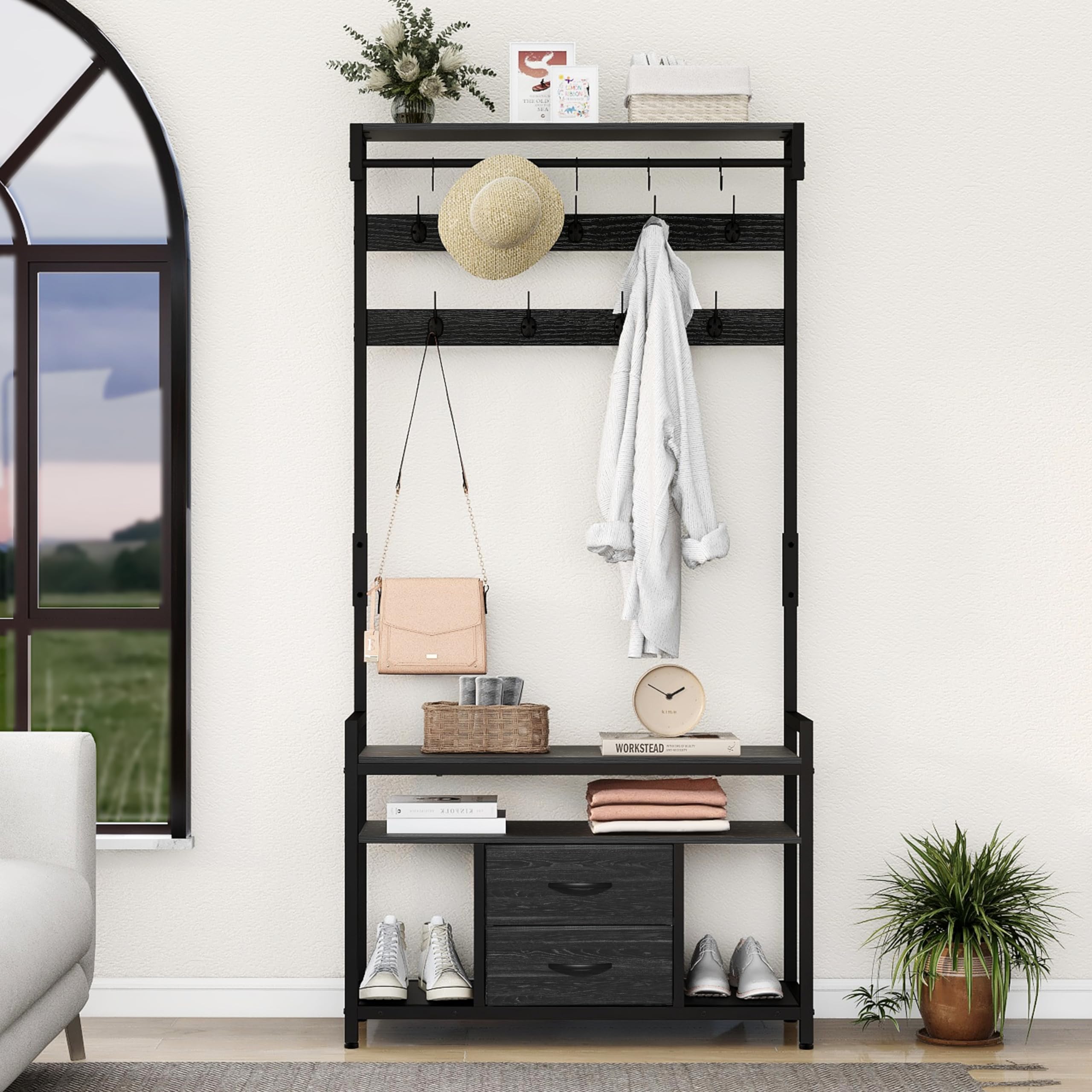 Freestanding Entryway Hall Tree with Shoe Storage Bench, Coat Rack, 2 Fabric Drawers & 3 Shelves - 14 Hooks for Jackets & Accessories - Perfect for Hallway, Living Room, Bedroom & Entry Organization - Black