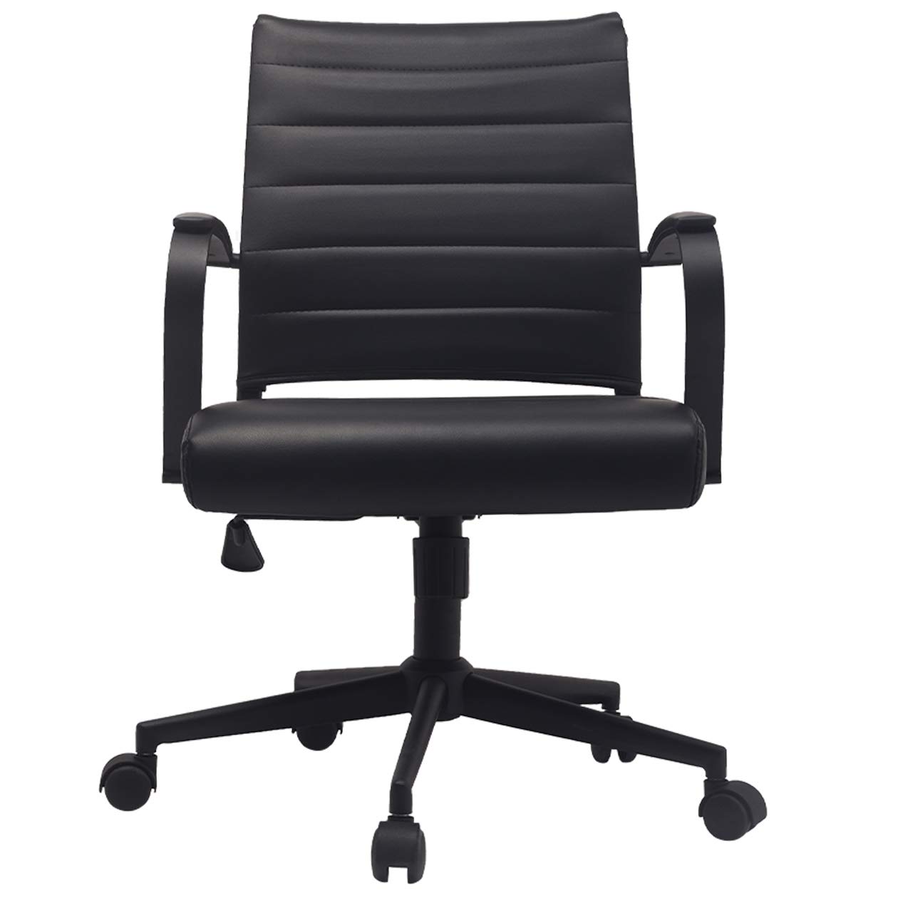 2xhome - Modern Black PU Leather Mid Back Swivel Tilt Adjustable Office Chair - Executive Manager Desk Chair with Ribbed Design for Conference Room, Home Office & Computer Work (All Black) - Ergonomic Support for Long Work Hours