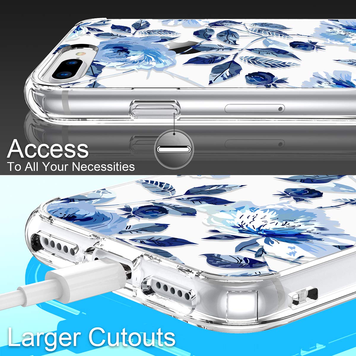 GiiKa Heavy Duty Clear Floral Phone Case for iPhone 8 Plus/7 Plus with Screen Protector | Shockproof TPU Bumper Cover | Stylish Blue Flower Design for Women & Girls | Perfect for Everyday Protection & Fashion Accessory